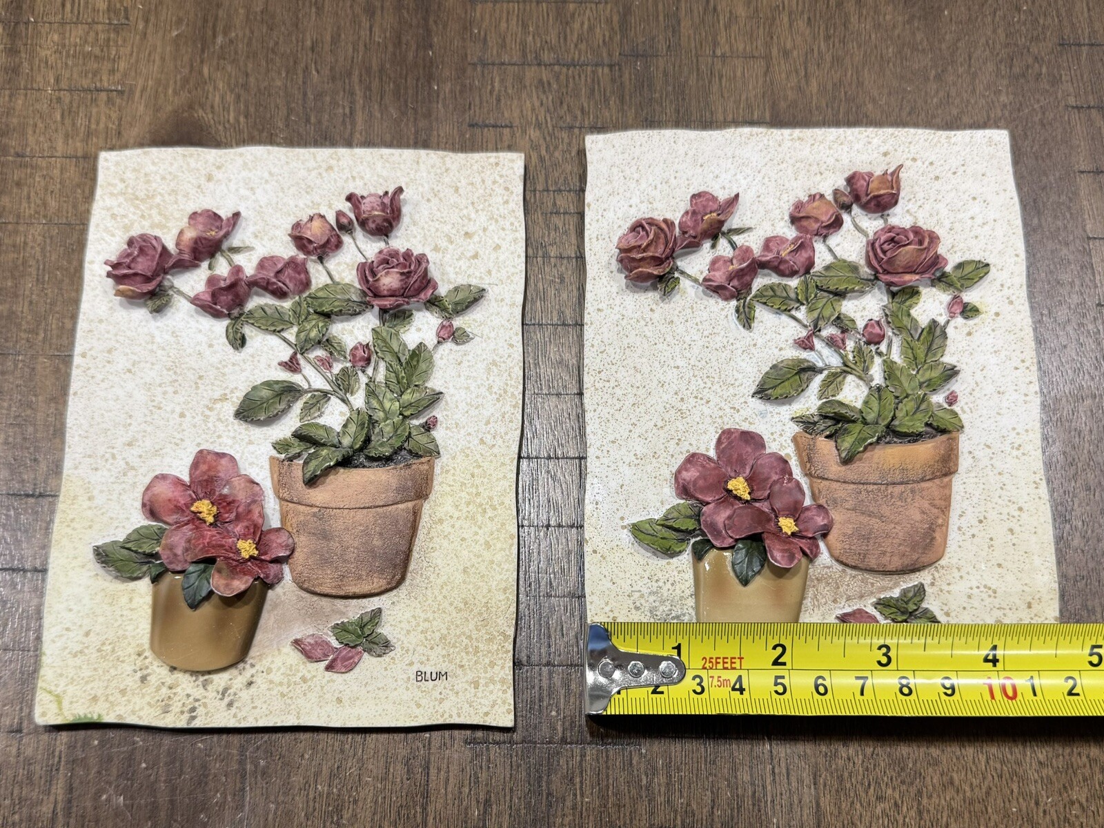 2 CHERI BLUM Vintage Potted Floral Roses 3D Resin Wall Plaques 6″x4.5″ in VGC!