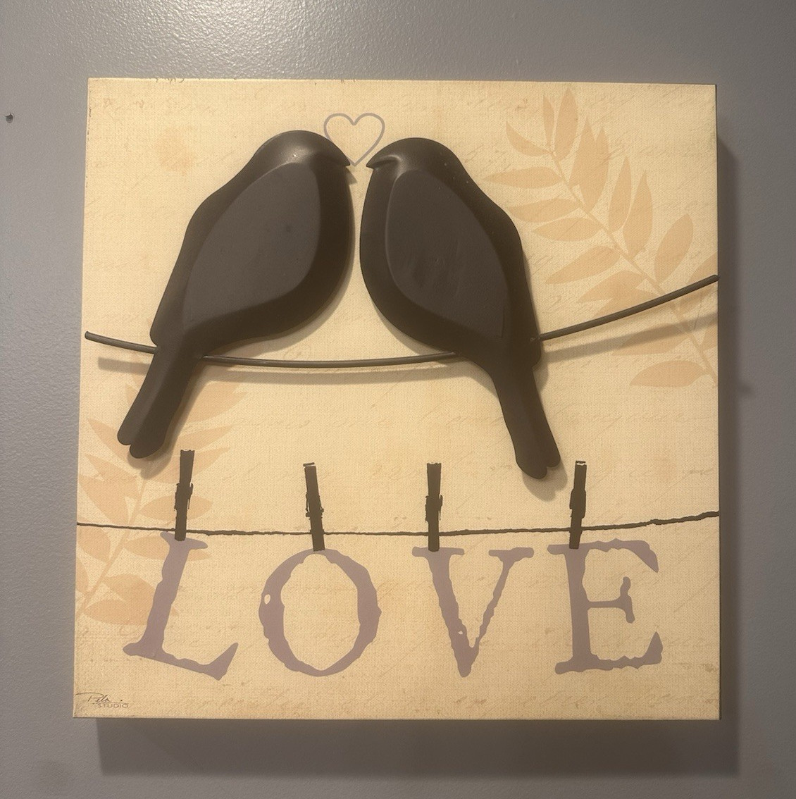 Love Birds Metal Plaque Sign, Square Beige/Black, LOVE XOXO- set of 2