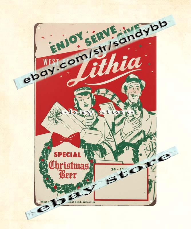 1950s WEST BEND LITHIA special CHRISTMAS beer WISCONSIN tin sign