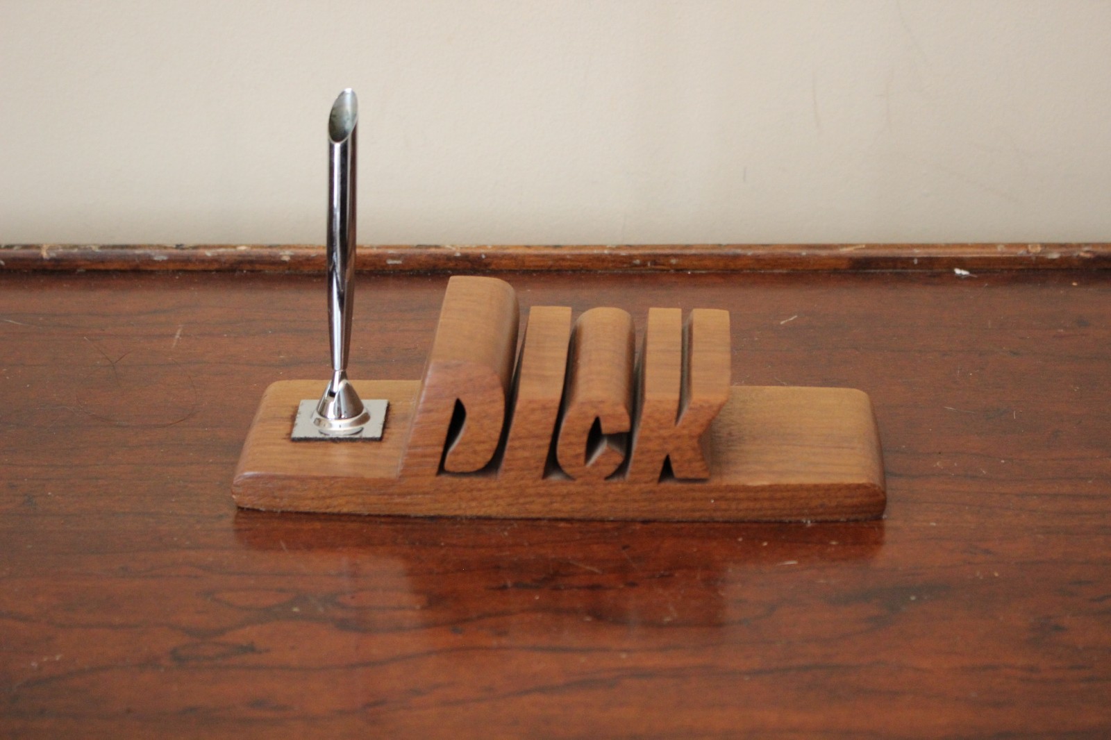 Contemporary Solid Walnut DESK Nameplate Carved as Dick Pen Holder