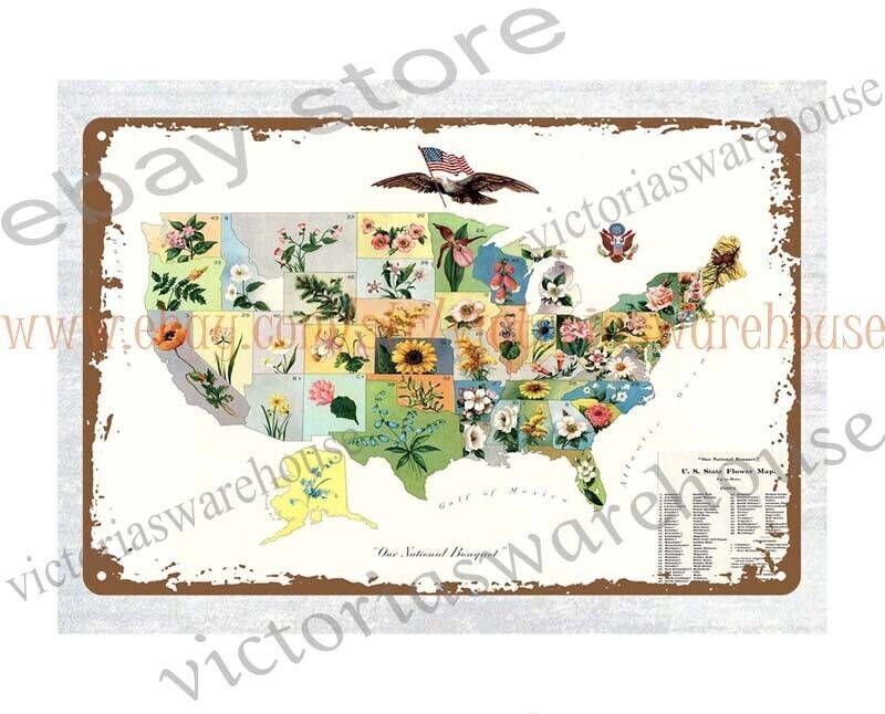 1911 Pictorial Flower Map of the United States metal tin sign stone wall plaques
