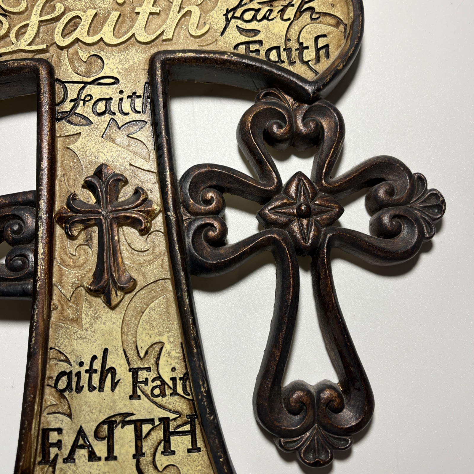 Ceramic Beige & Brown Faith Cross Christian Religious Rustic Wall Art Decor