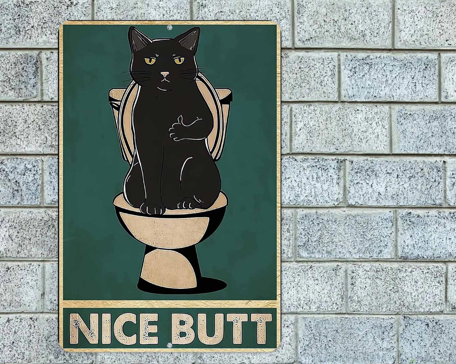 Nice Butt Black Cat Sign Aluminum Metal 8″x12″ Bathroom Toilet Funny Rustic