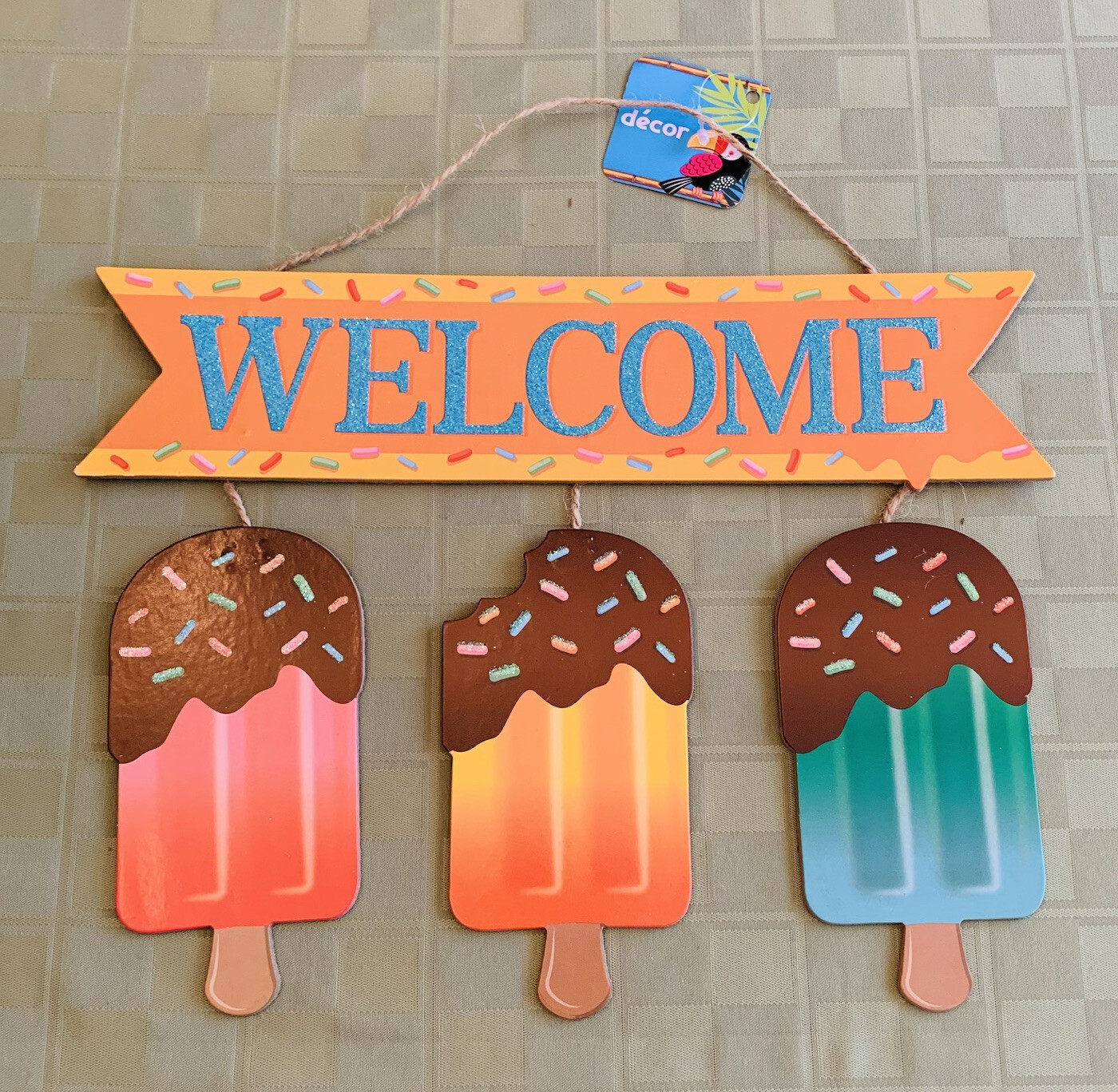 WELCOME Summer Sign Popsicle Frozen Ice Cream Treats Decor Glitter Wall Door NEW
