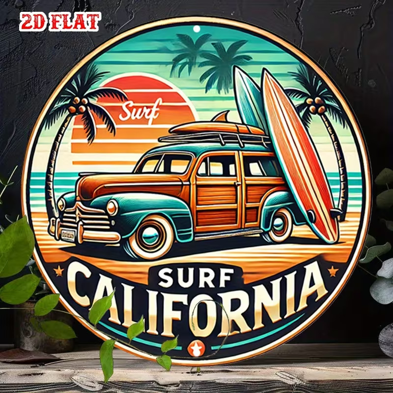Vintage Beach Sunset Aluminum Metal Tin Sign – Retro Surfing & Palm Trees Round