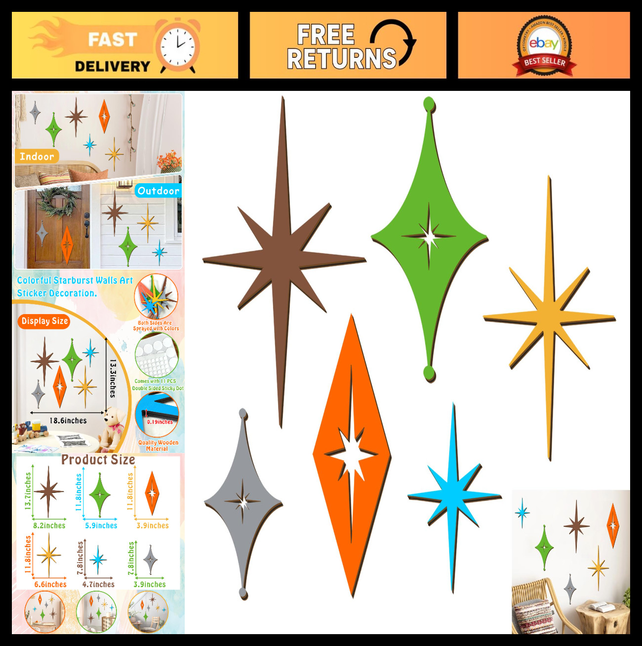 Colorful Wooden Star Wall Decor – 6 Pcs Mid Century Modern Art, Rustic Starburst