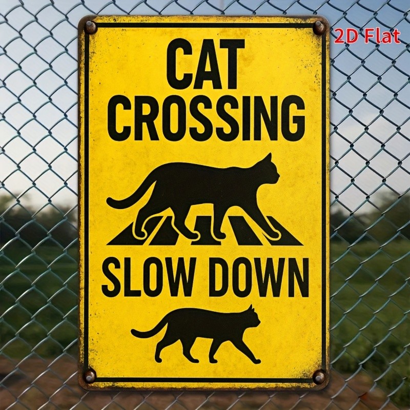 8×12 Inch Slow Down Cat Crossing Metal Sign Yellow Black Cat