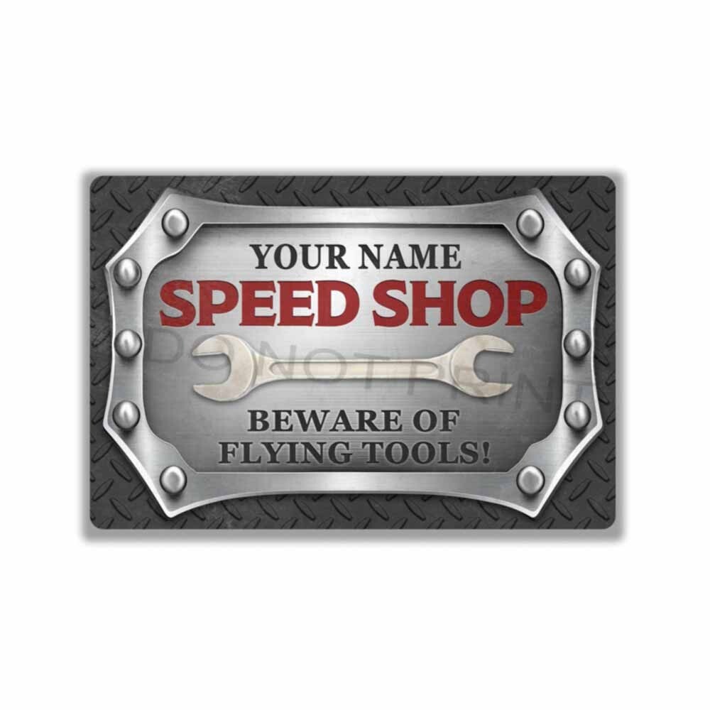 Personalized Gray Diamond Plate Speed Shop sign METAL SIGN or DECAL