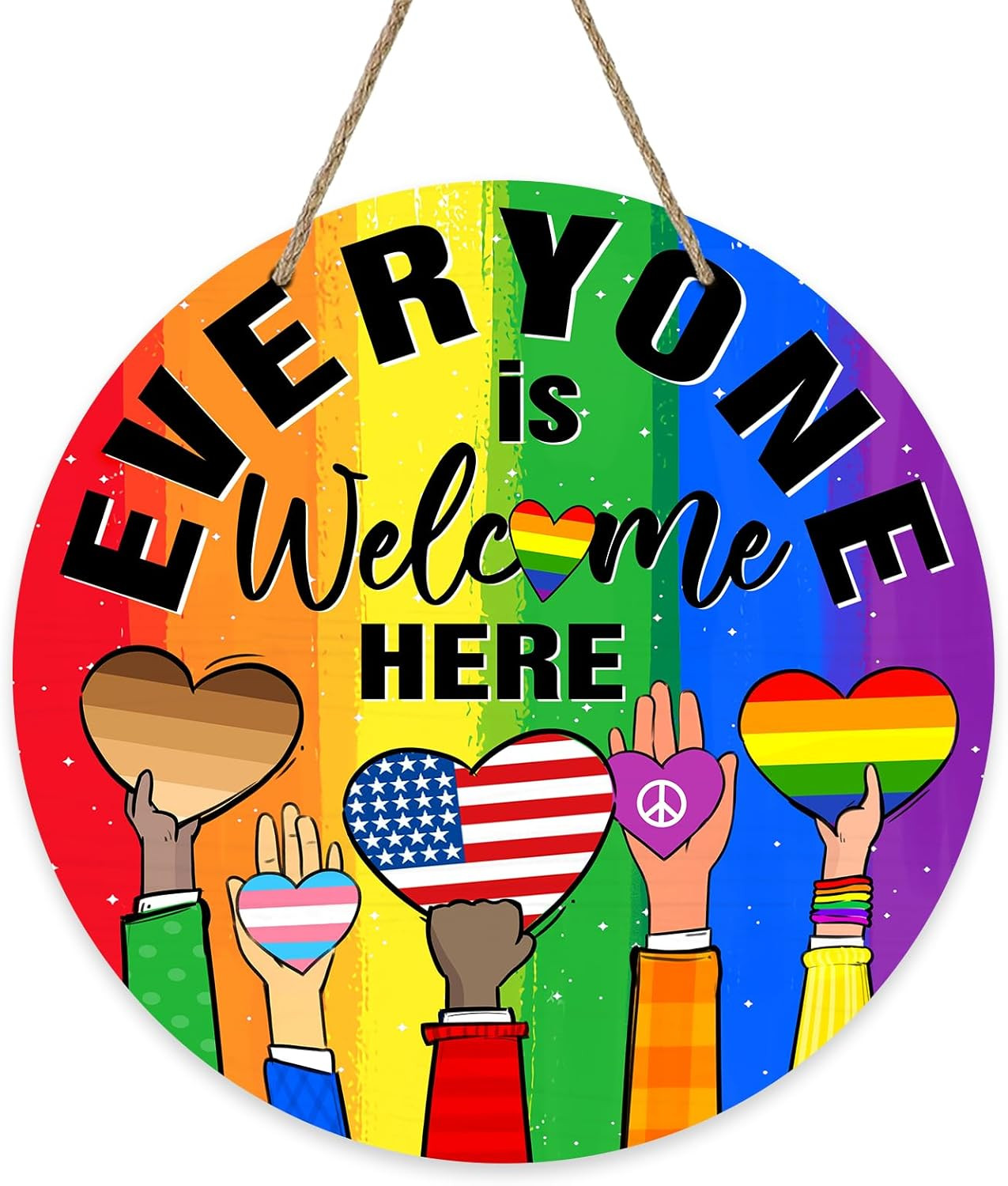 Pride Everyone Is Welcome Here Front Door Sign, Rainbow Heart LGBTQ Gay Lesbian