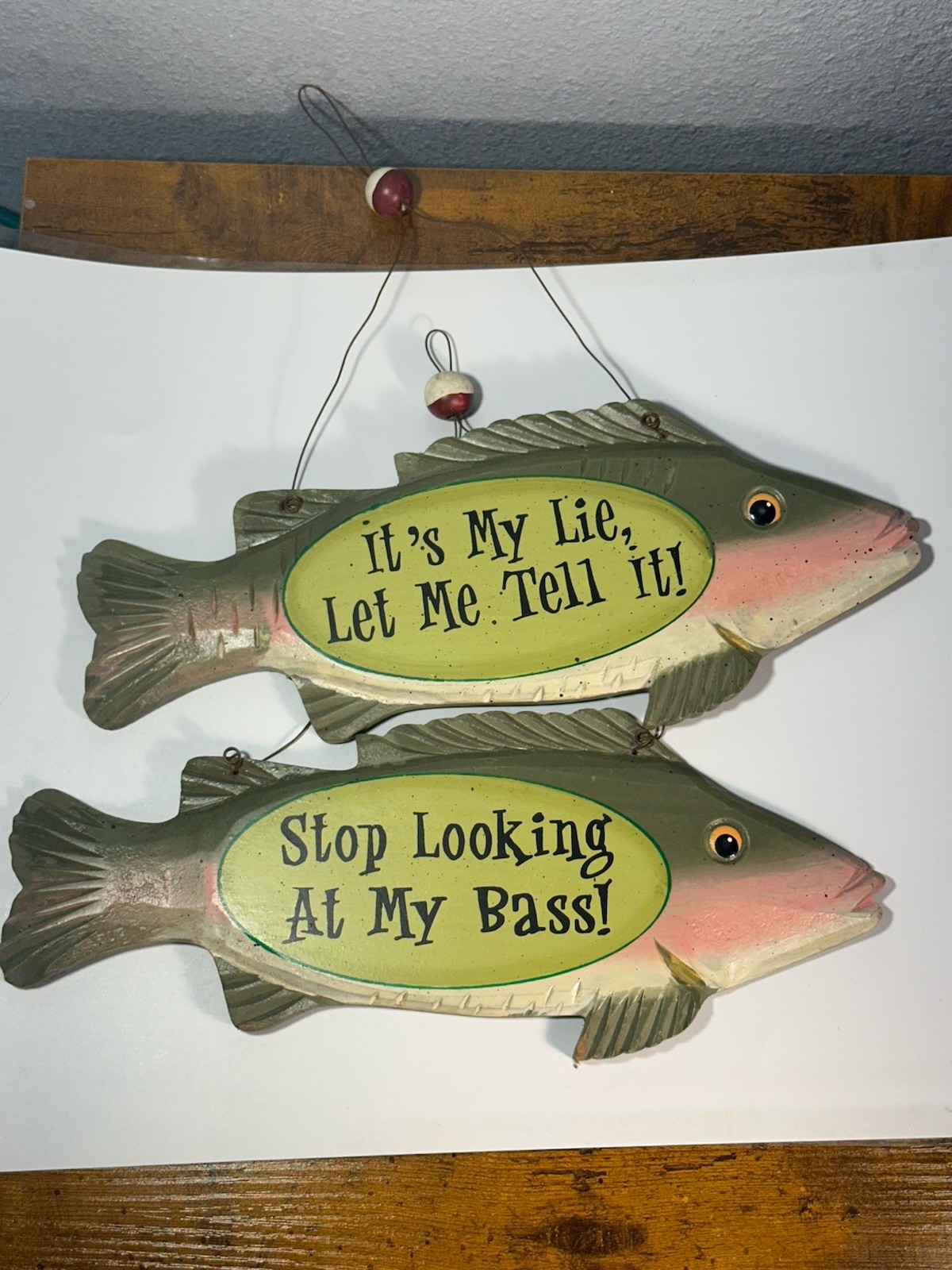 2 Wood Bass Fish Signs Fishing Hanging Rustic Cabin Decor Funny Gift Fisherman