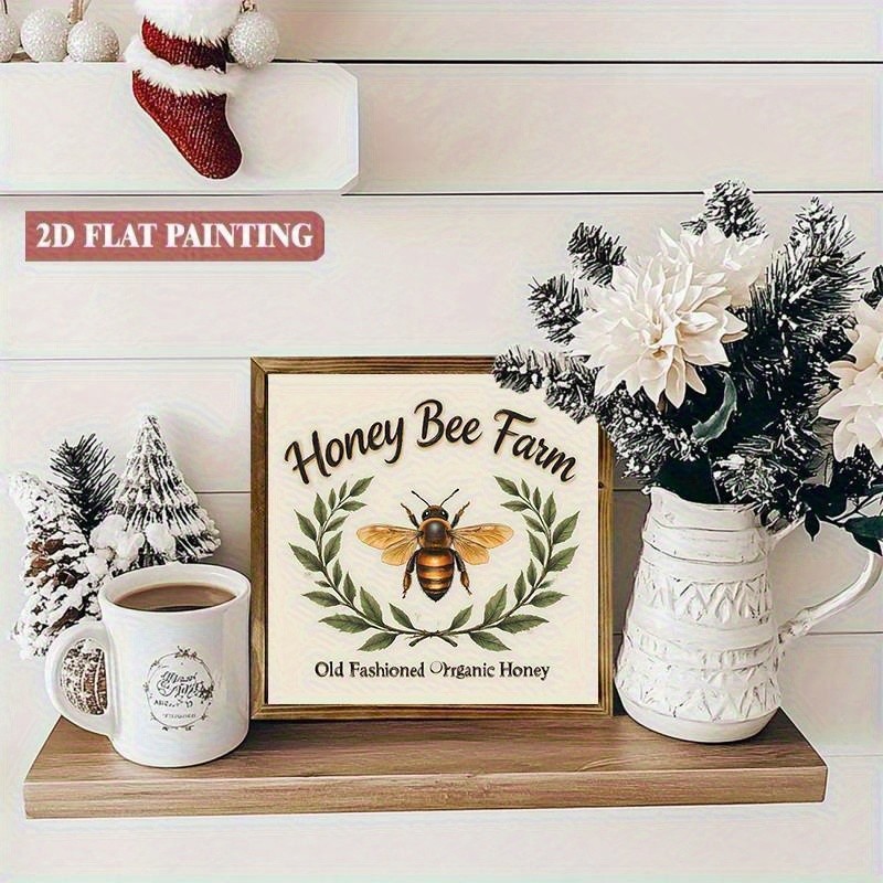 Honey Bee Farm Organic Honey Wreath Square Wooden Plaque Rustic Kitchen Decor