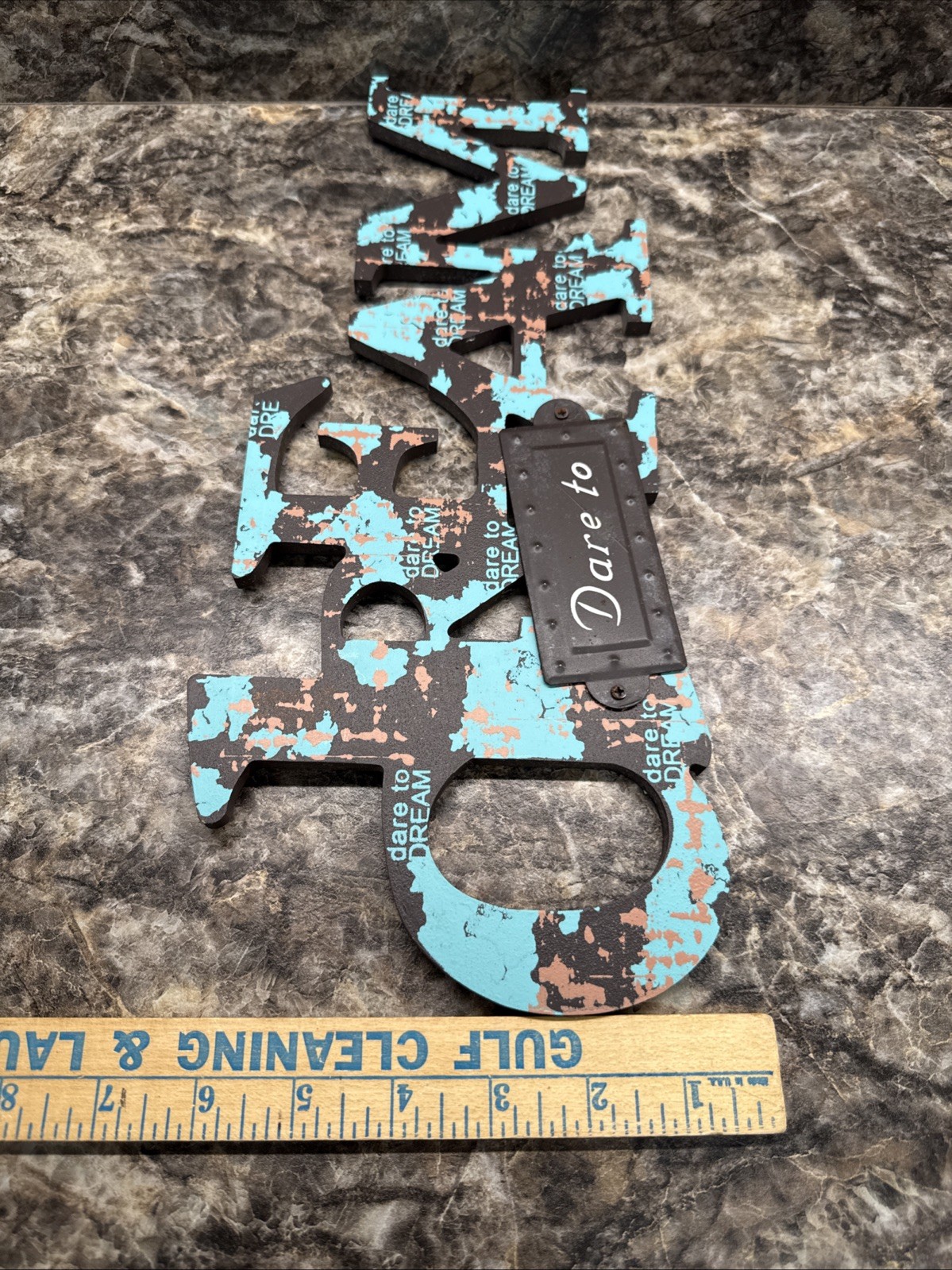 “Dream” Wall Decor Teal Brown Pinkish Metal Accent 2014 14 X 6.5 MDF Wood