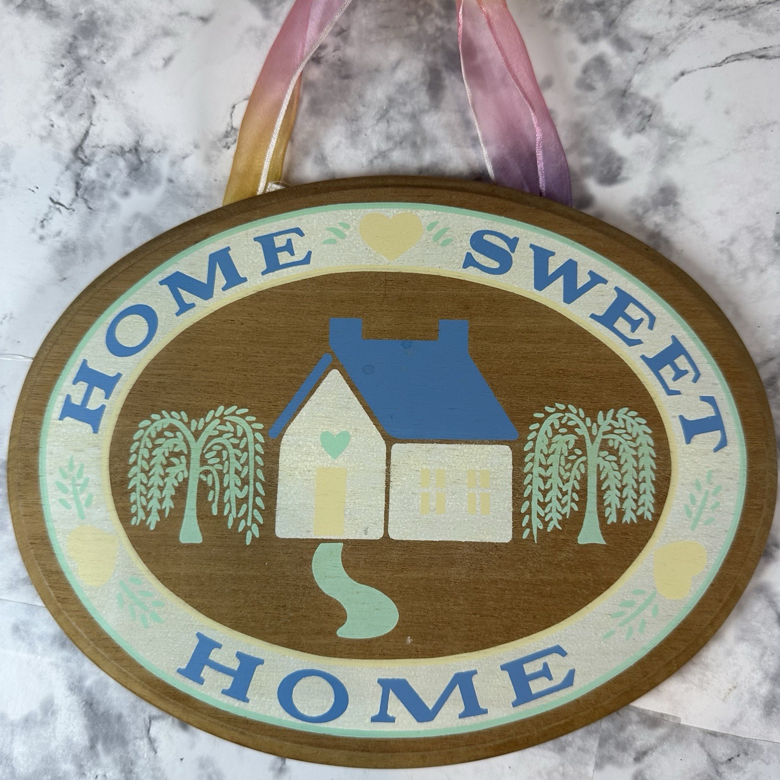 VTG Folk Art Home Sweet Home Painted Wood Wall Hanging Cottage Grannny Country