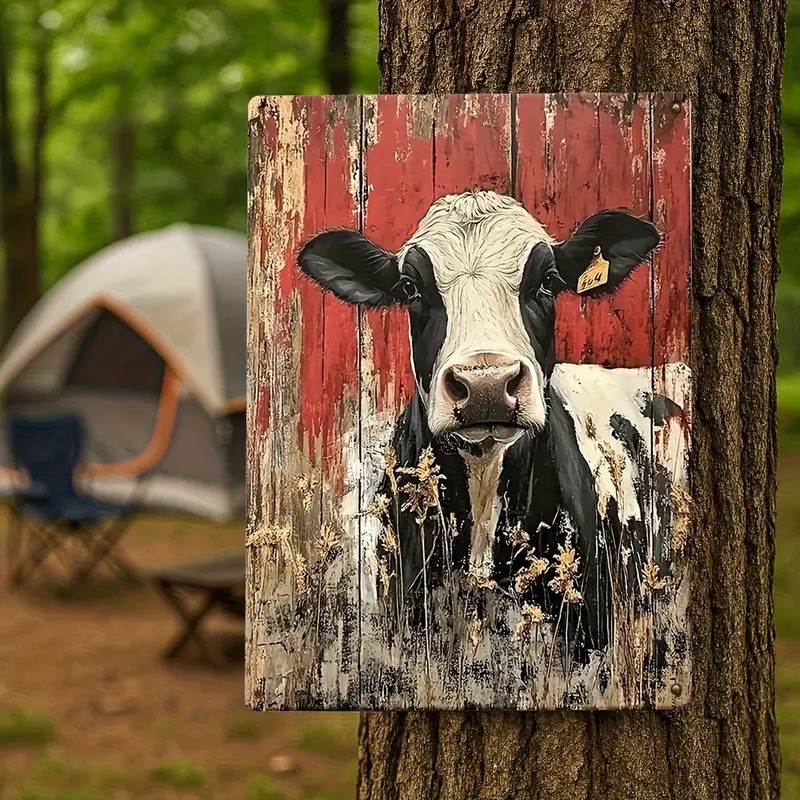 Rustic Barn Cow Metal Sign – Vintage Farmhouse Black and White Tin Decor