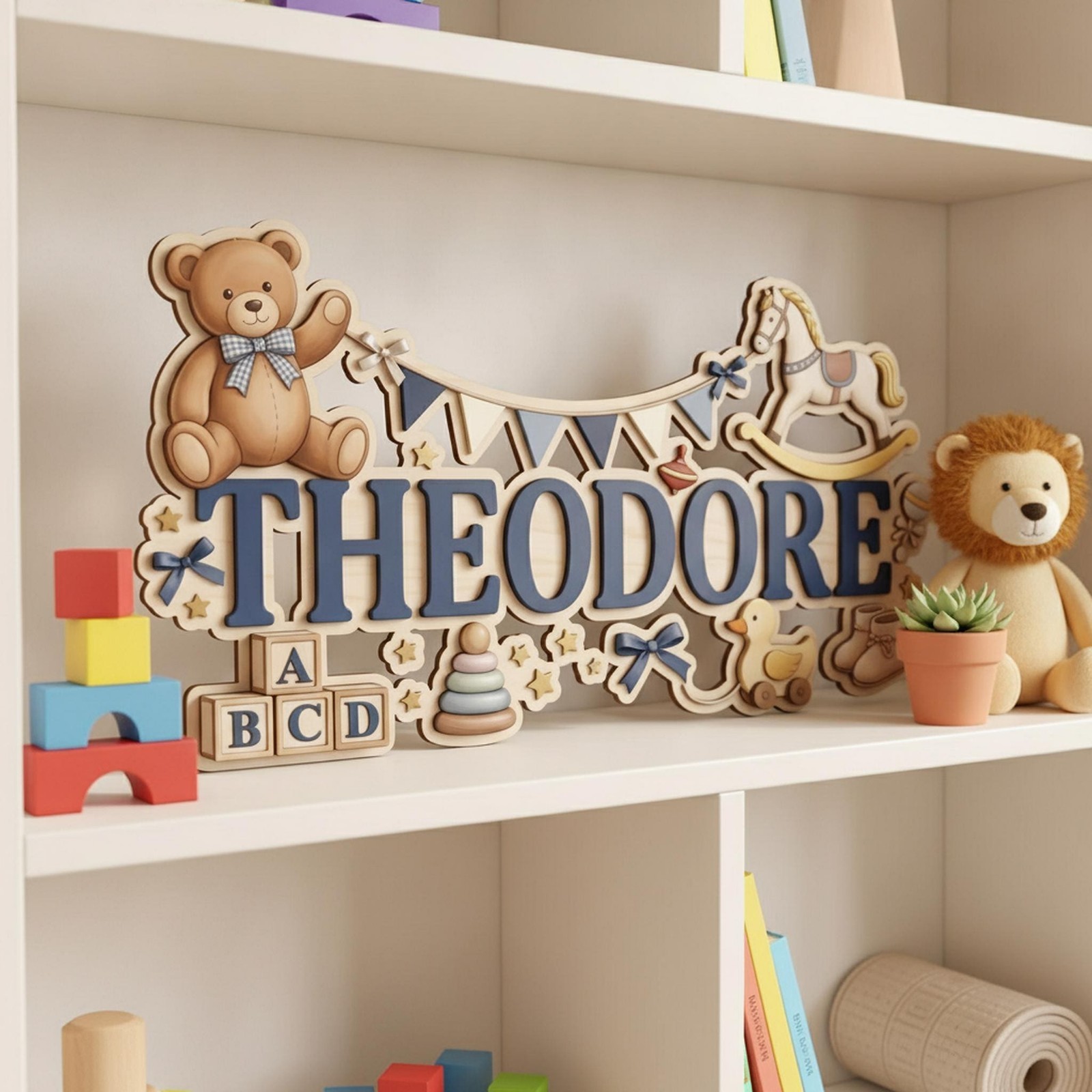 Custom Baby Name Sign Wood, Personalized Teddy Bear Nursery Door Hanger, 3D