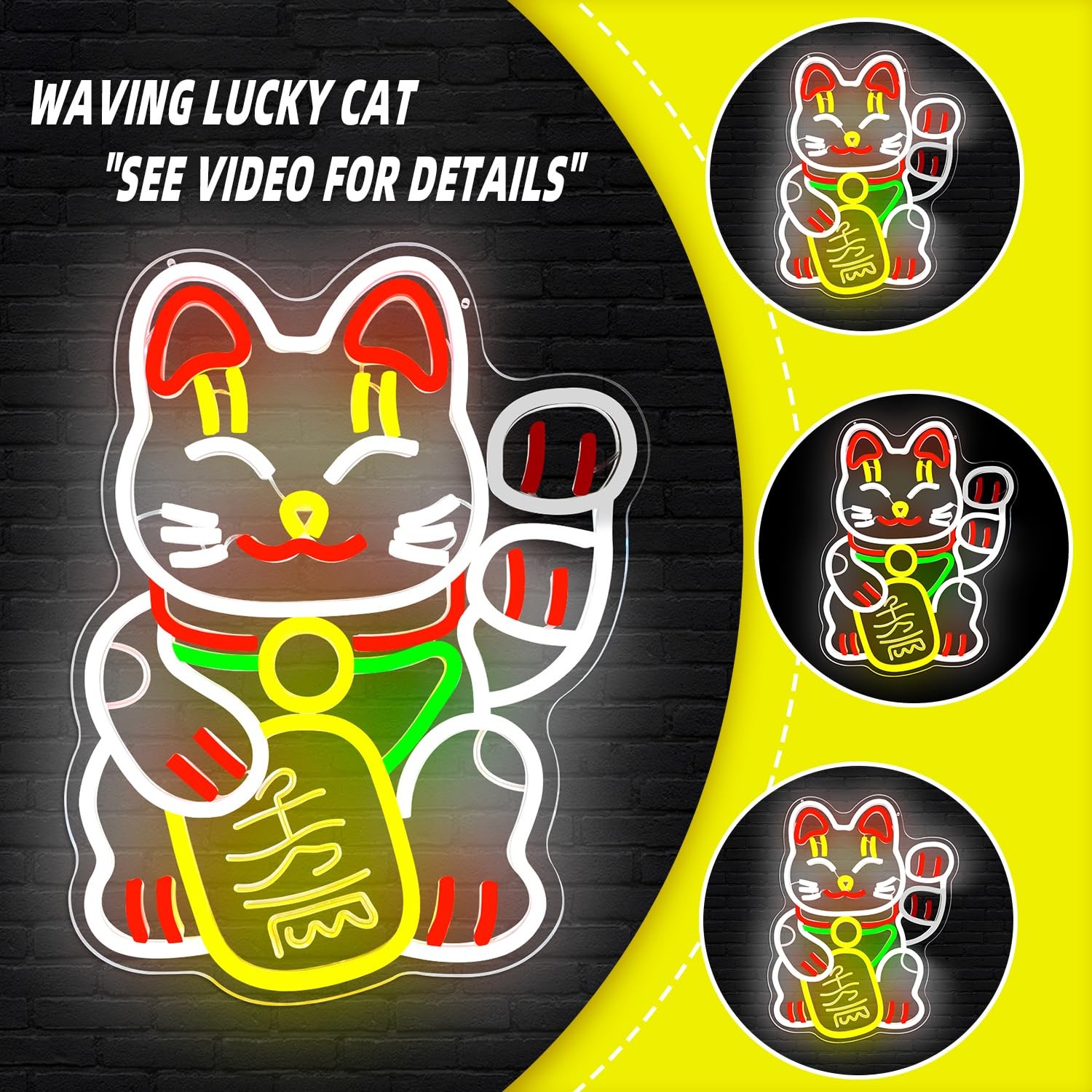 Waving Lucky Cat Neon Sign for Wall Decor Fortune Cat Led Sign Animated Maneki