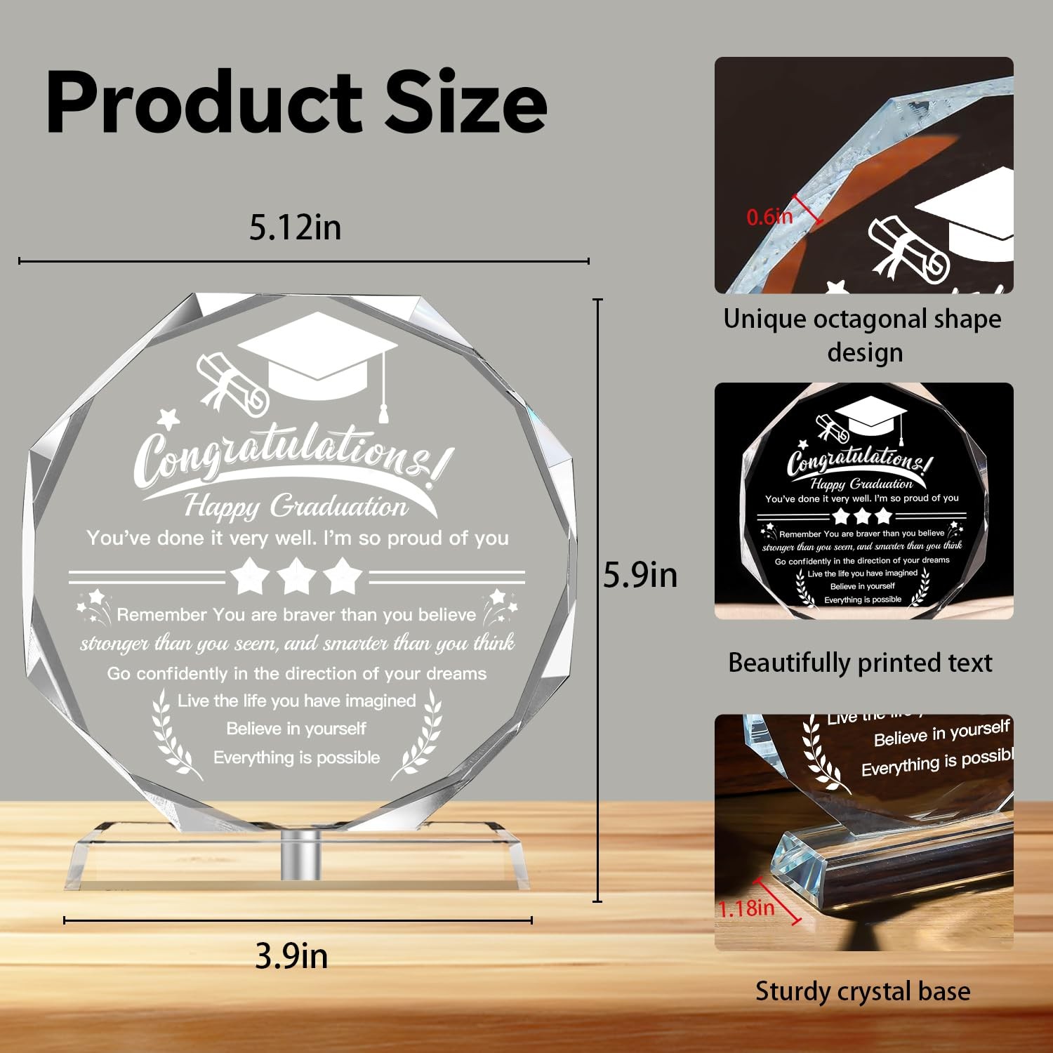 Class of 2026 Graduation Gift, 3D Laser Etched Crystal Octagon Decor, Congrat…