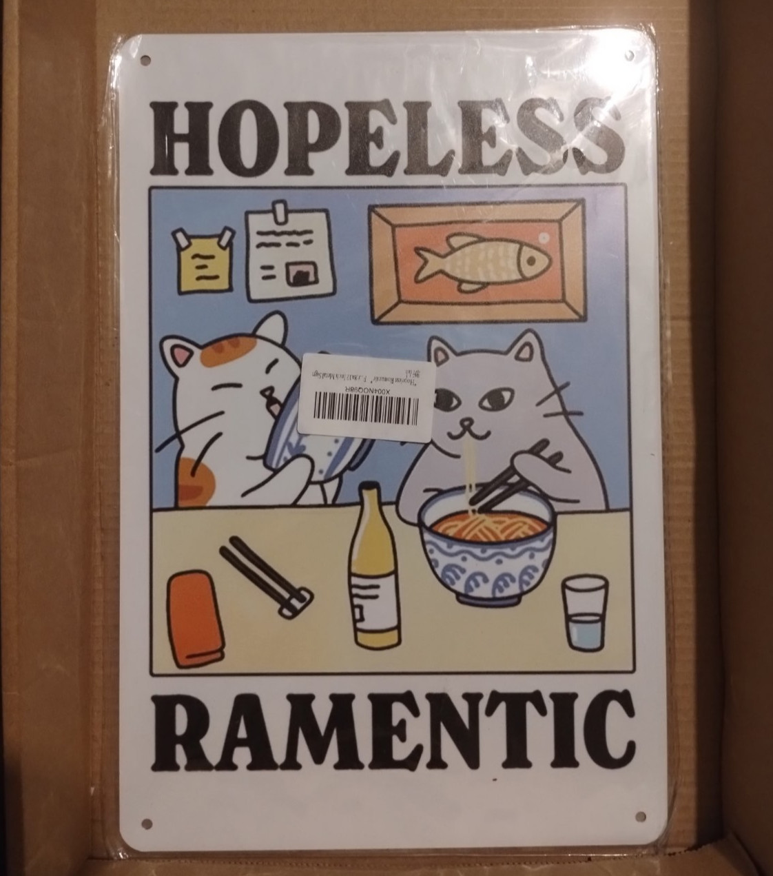 Funny Cat Metal Tin Sign – “Hopeless Ramentic” – Cute Anime Style Wall Decor
