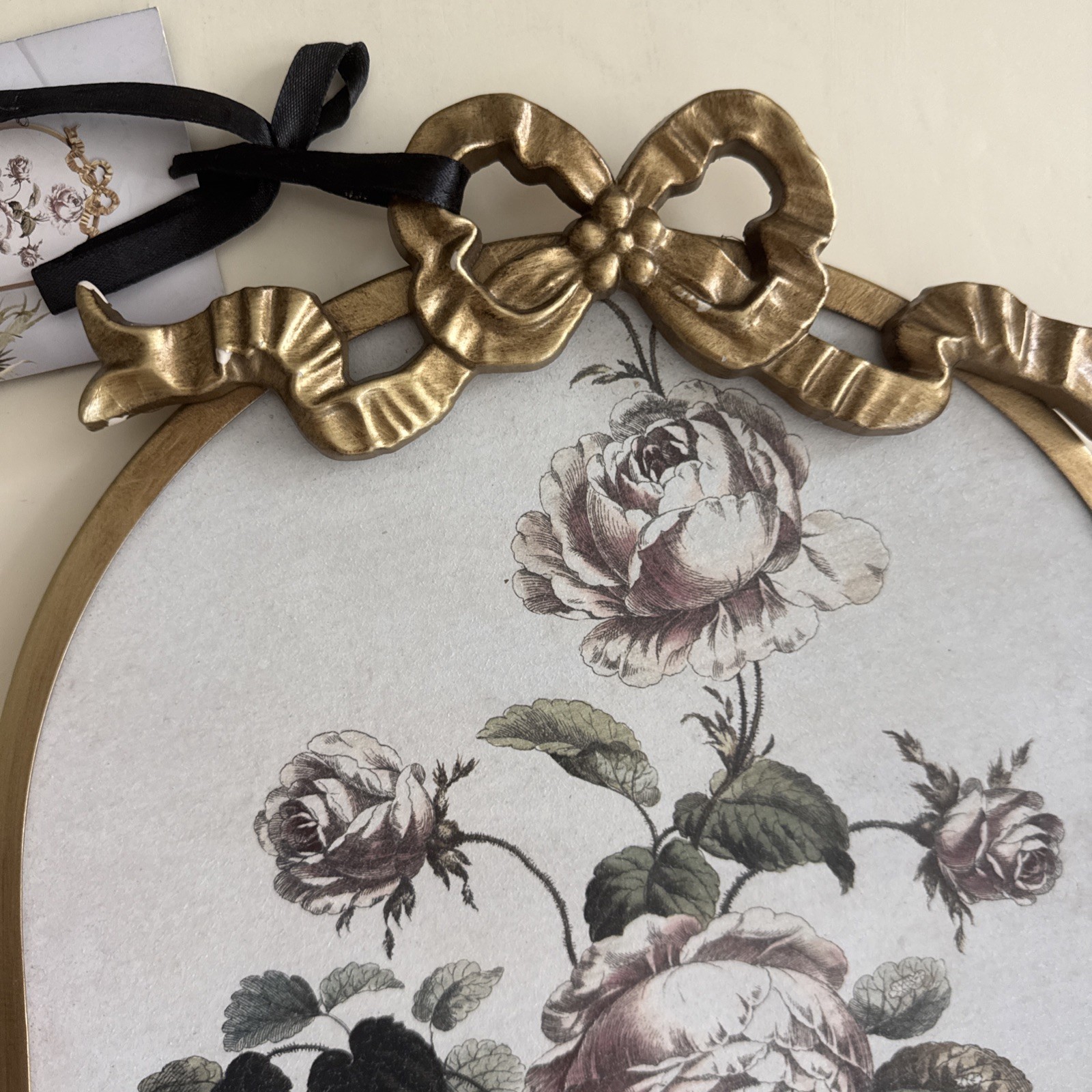 Vintage Gold Oval Framed Floral Wall Decor Roses Bow Shabby Chic French Country