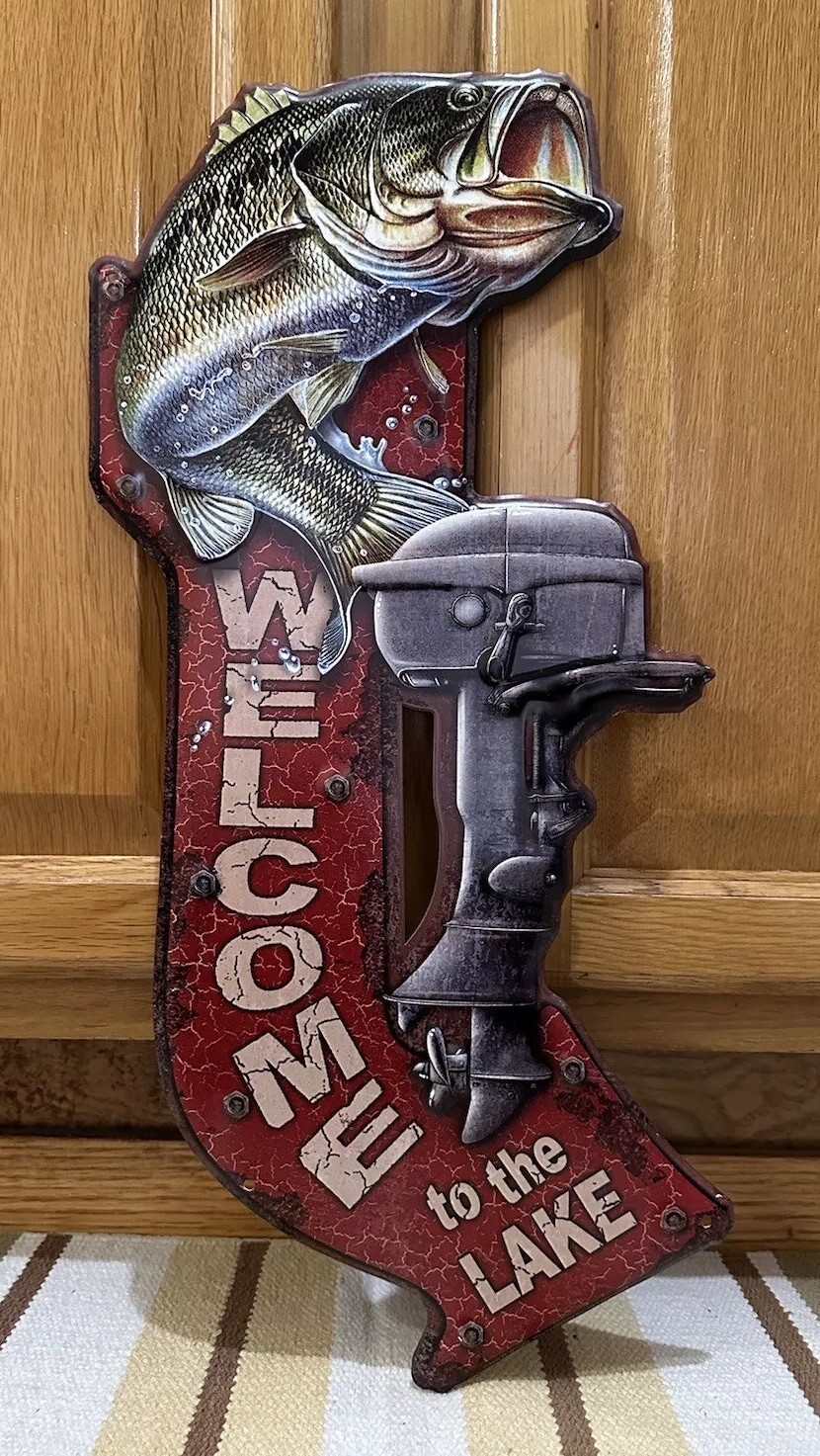 Welcome To The Lake Sign Boat Motor Bass Fishing Tackle Vintage Style Wall Decor