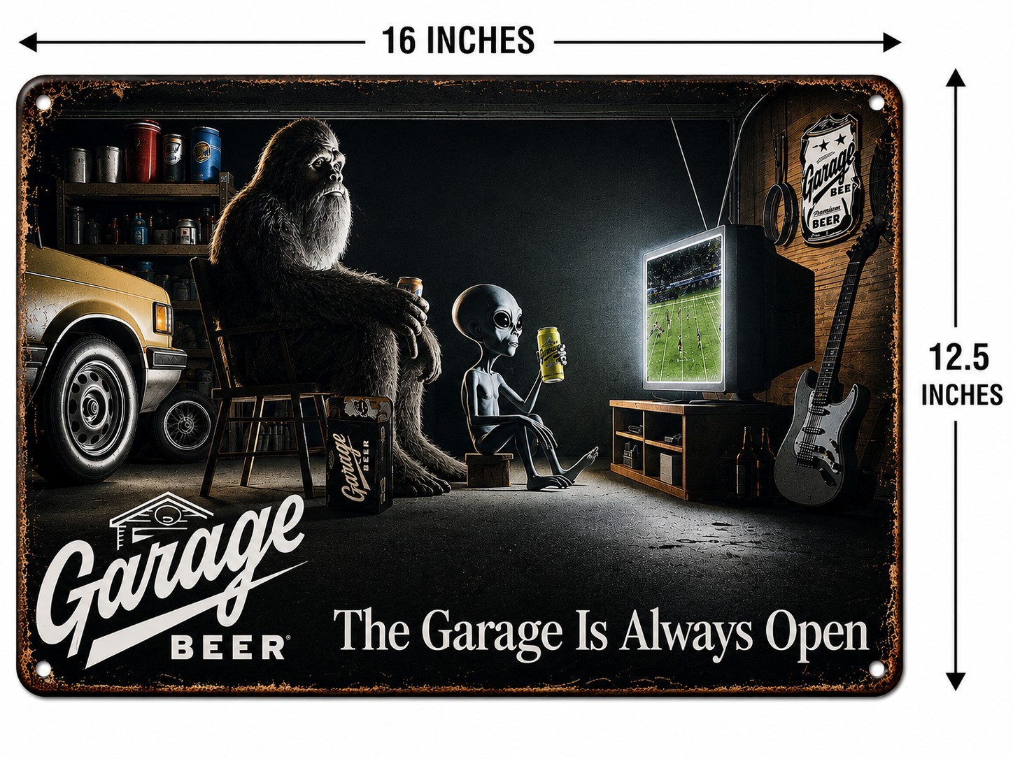 Garage Beer Bigfoot Tin Bar Sign Proudly Serving The Garage is AlwaysOpen 12 X 8