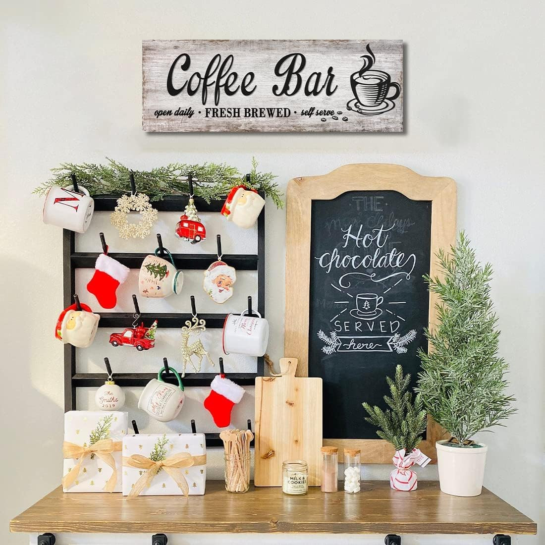 Rustic Wood Grain Coffee Station Decor – Retro Coffee Bar Signs for Kitchen – Se
