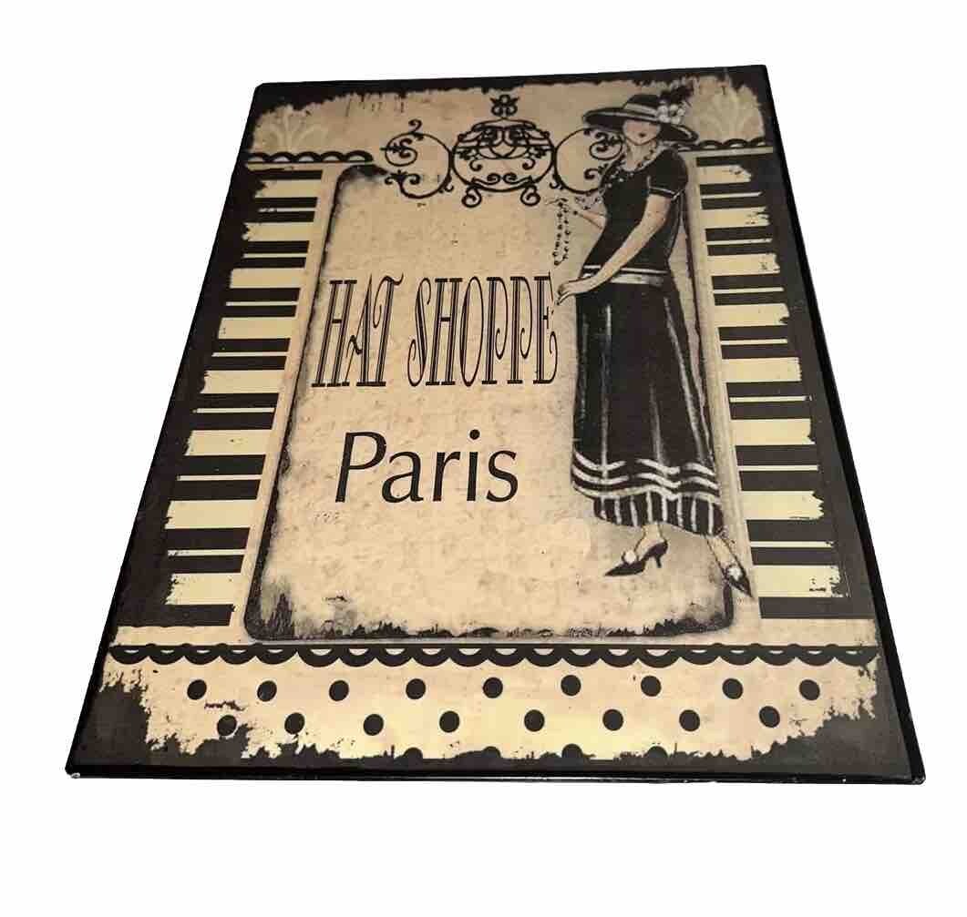 Paris Hat Shoppe Beige & Black Wall Decor Sign Home Decor Plaque 8.5×9.5
