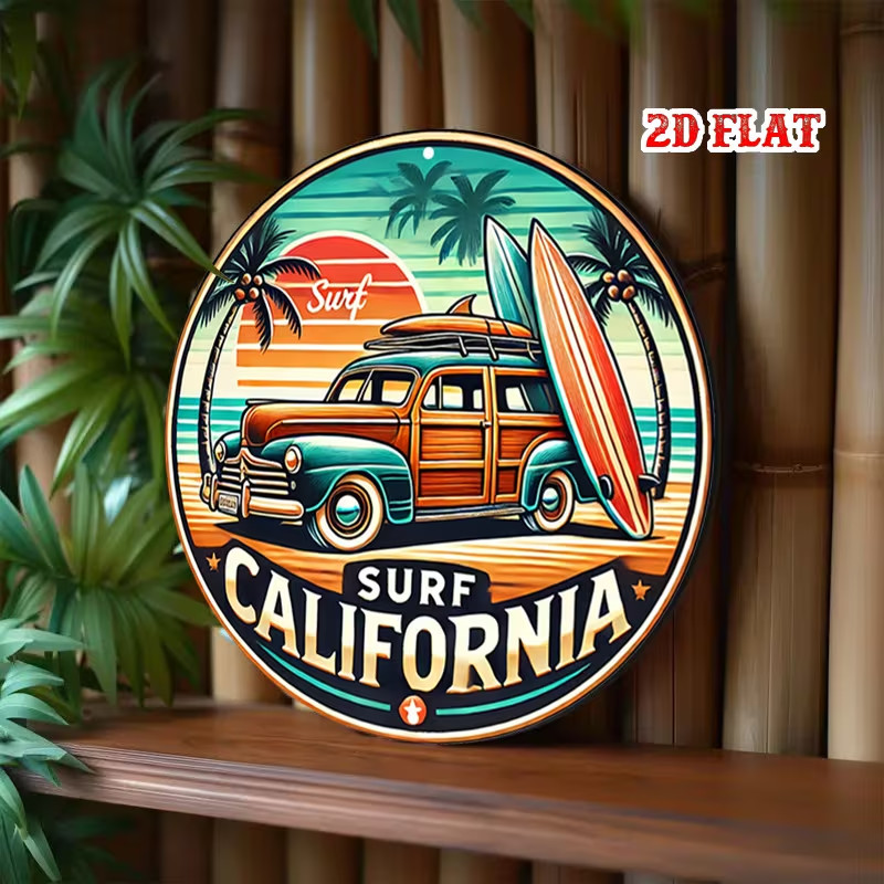 Vintage Beach Sunset Aluminum Metal Tin Sign – Retro Surfing & Palm Trees Round
