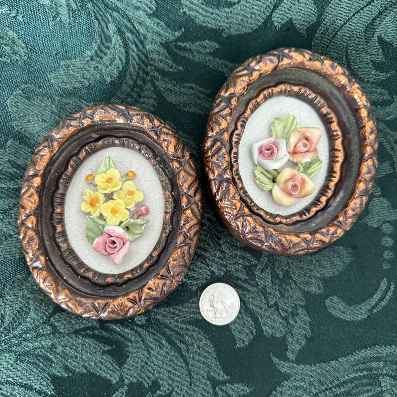 2 VTG Capodimonte Like 3D Porcelain Flowers Gold Framed Wall Plaques MCM Italy
