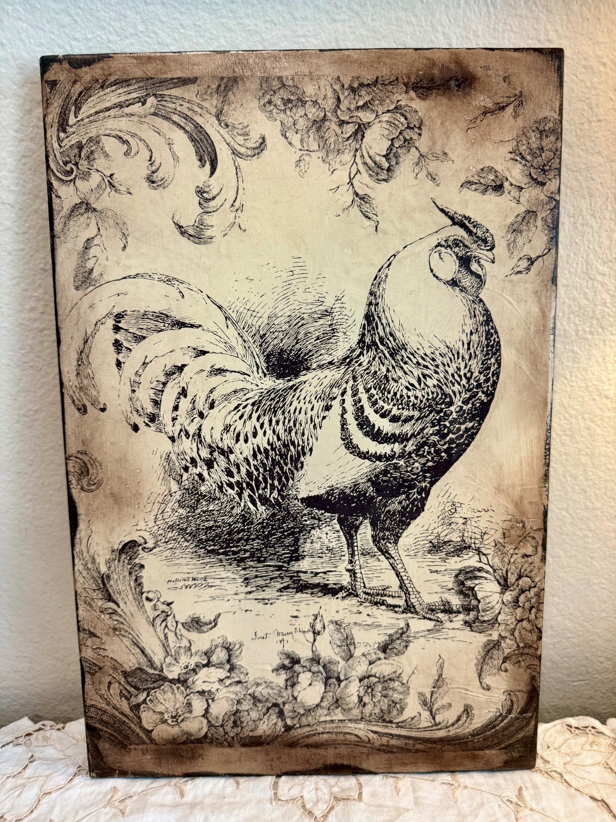 Handmade French Country Rustic Farmhouse Rooster on Wooden Board Wall Hanging