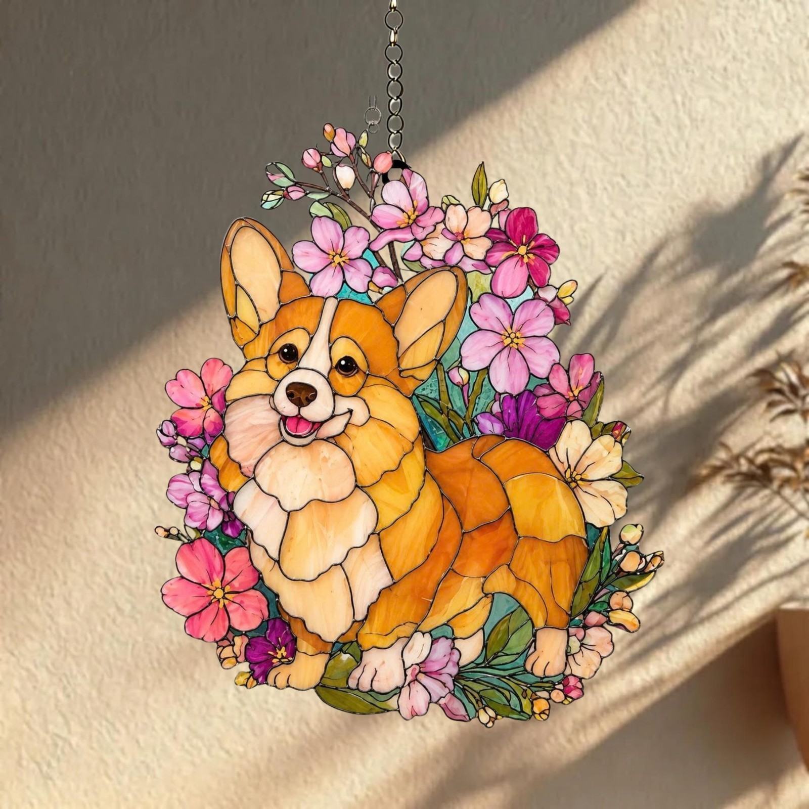 Corgi Acrylic Suncatcher, Floral Corgi Window Hanging Decor, Pembroke Welsh Corg