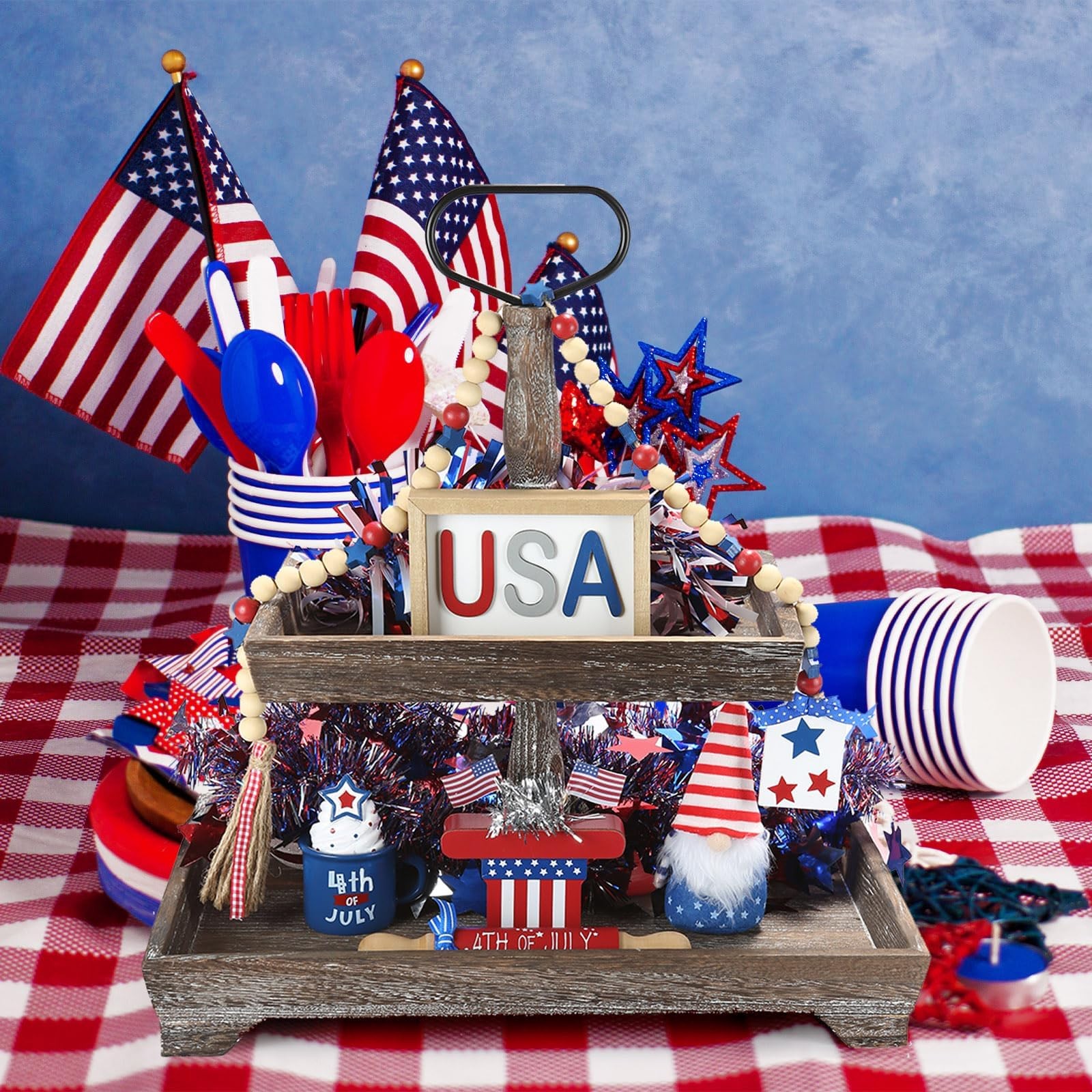 4th of July Decorations Patriotic Tiered Tray Decor Set, 6 Pieces Fourth of J…