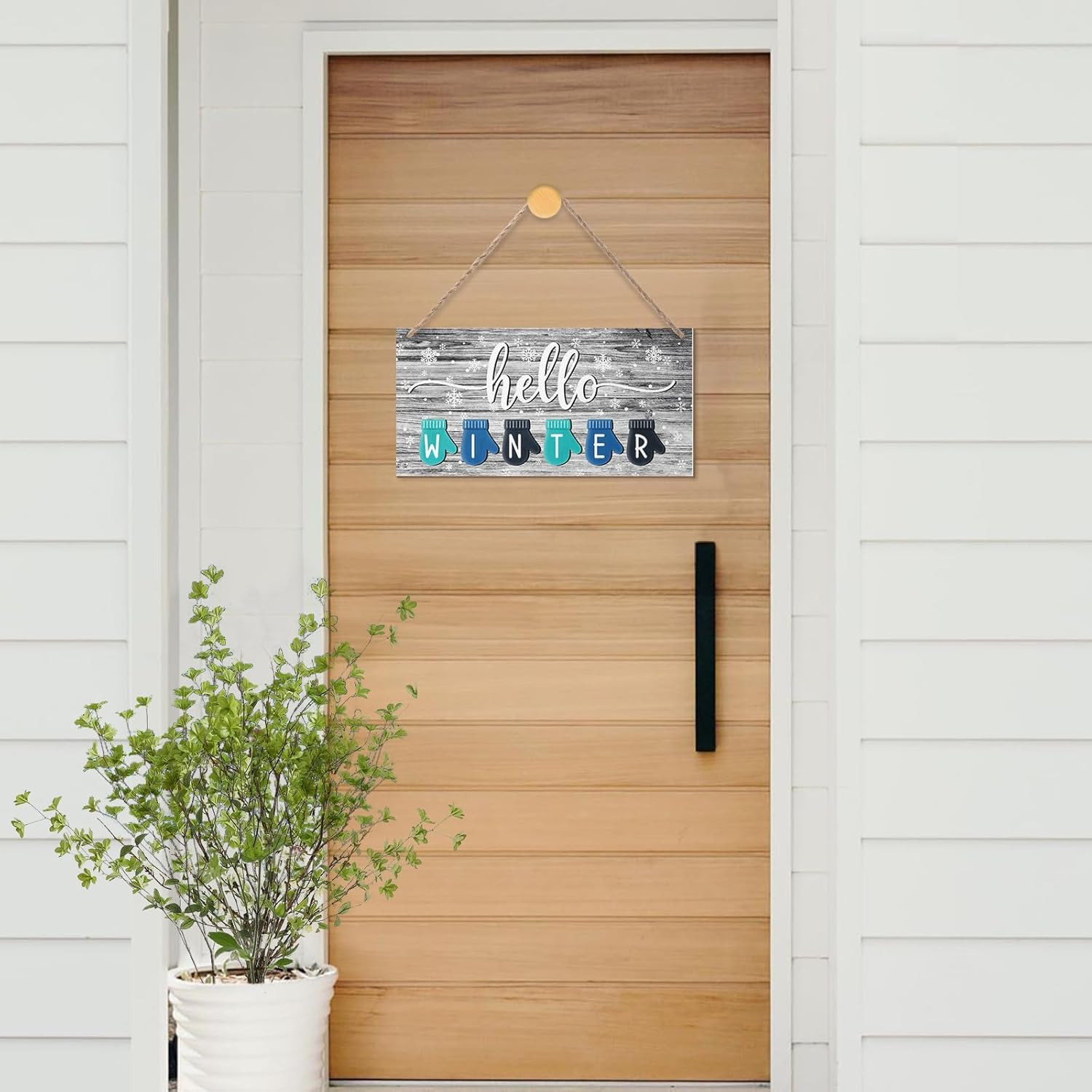 Hello Winter Welcome Sign for House 12 X 6 Inches Winter Snowflake Rustic Wood S
