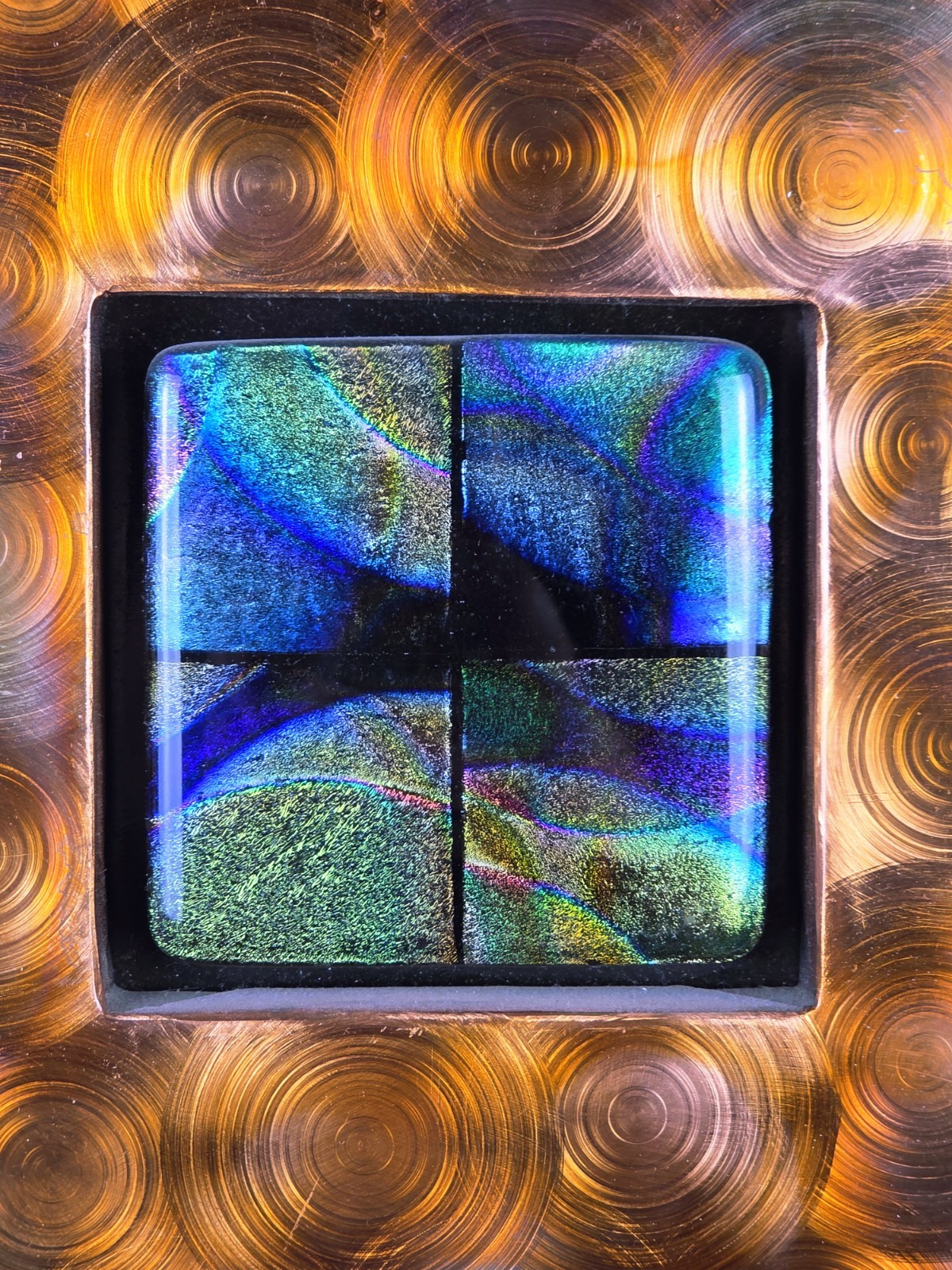 Dichroic Glass Metal Wall Art 12×12 Swirl Copper Patina Modern Industrial Decor