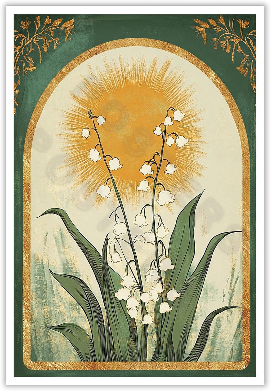 Vintage Lily of the Valley Emerald Green Sun Poster Mystical Folk Art Taurus Sig