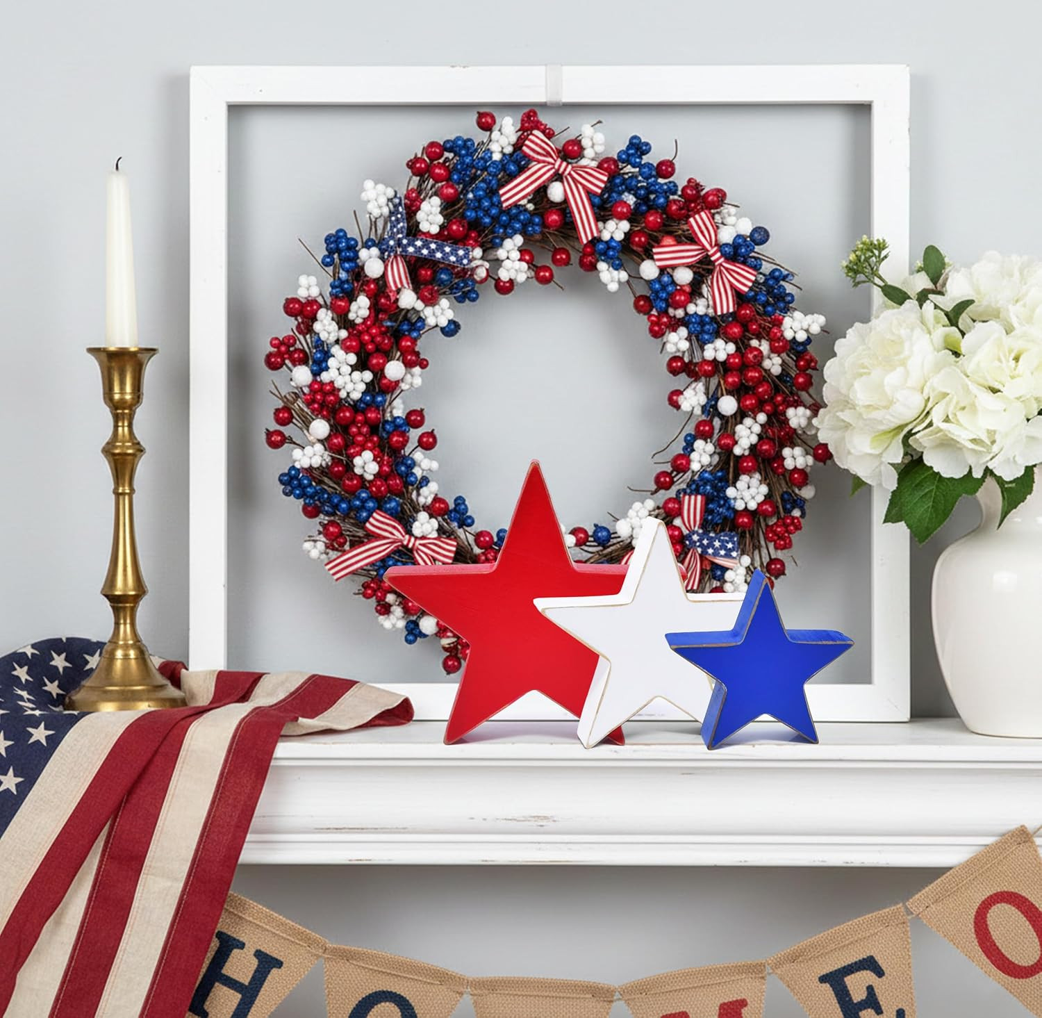 Patriotic Wooden Star Decor Set Red White Blue Americana Rustic Farmhouse Stars