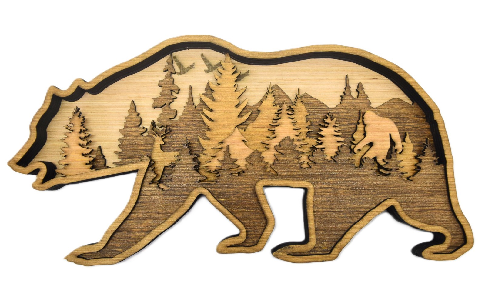 Handmade Wood Layered Bear Wall Decor Forest Scene Rustic Cabin Bigfoot 16×8