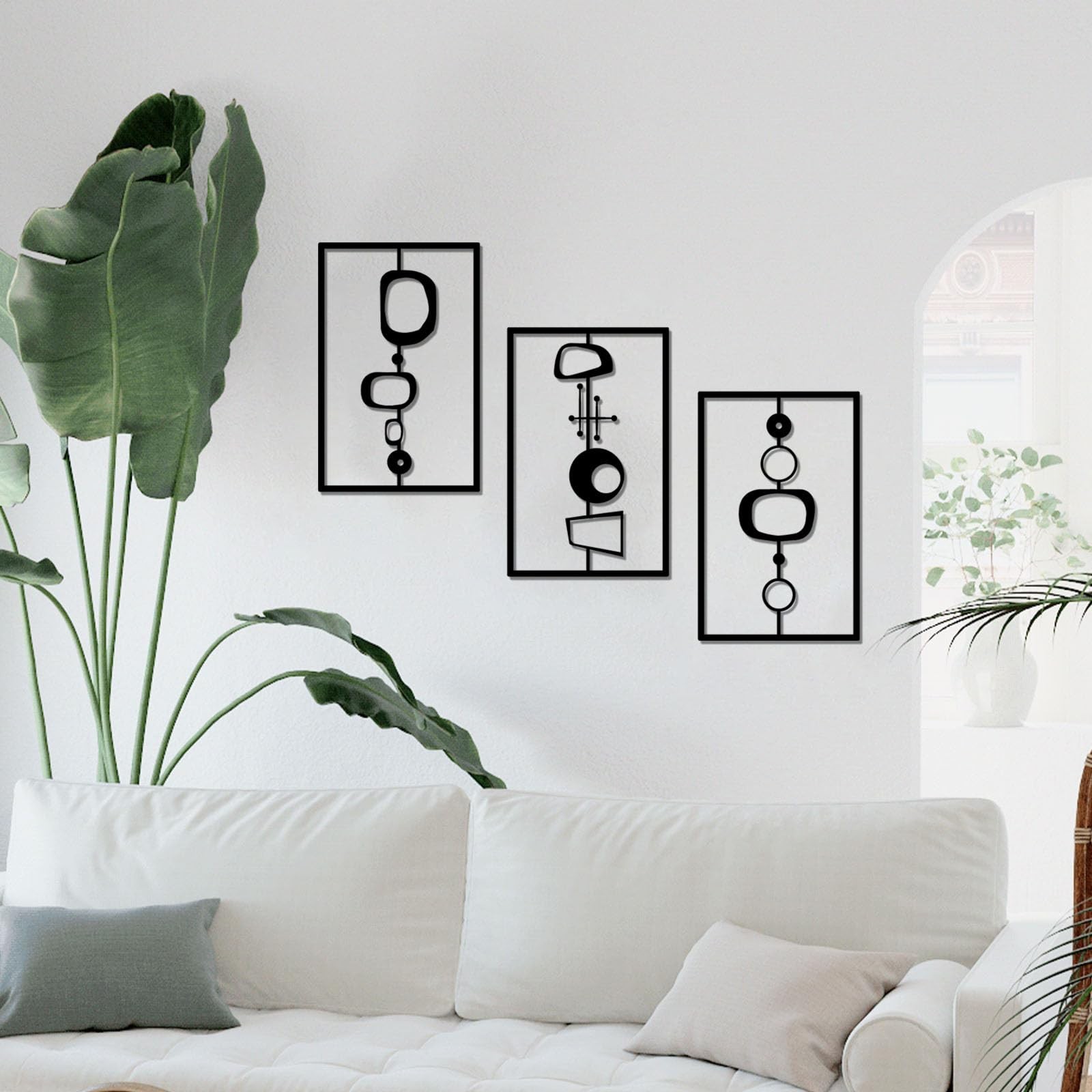 3 PCS Minimalist Abstract Metal Wall Art Black Geometric Line Decor Pot