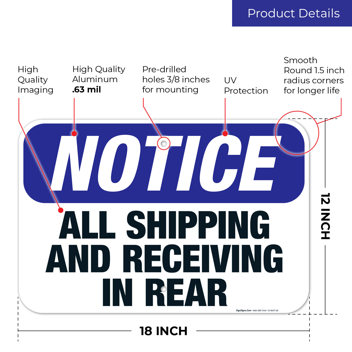 All Shipping and Receiving In Rear Sign, OSHA Notice Sign,