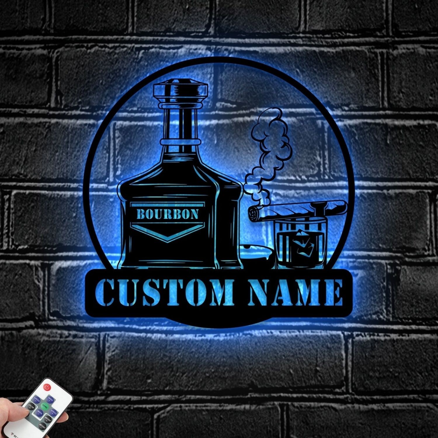 Personalized Bourbon Cigar Metal Sign With LED, Custom Whiskey Smoke Name Decor