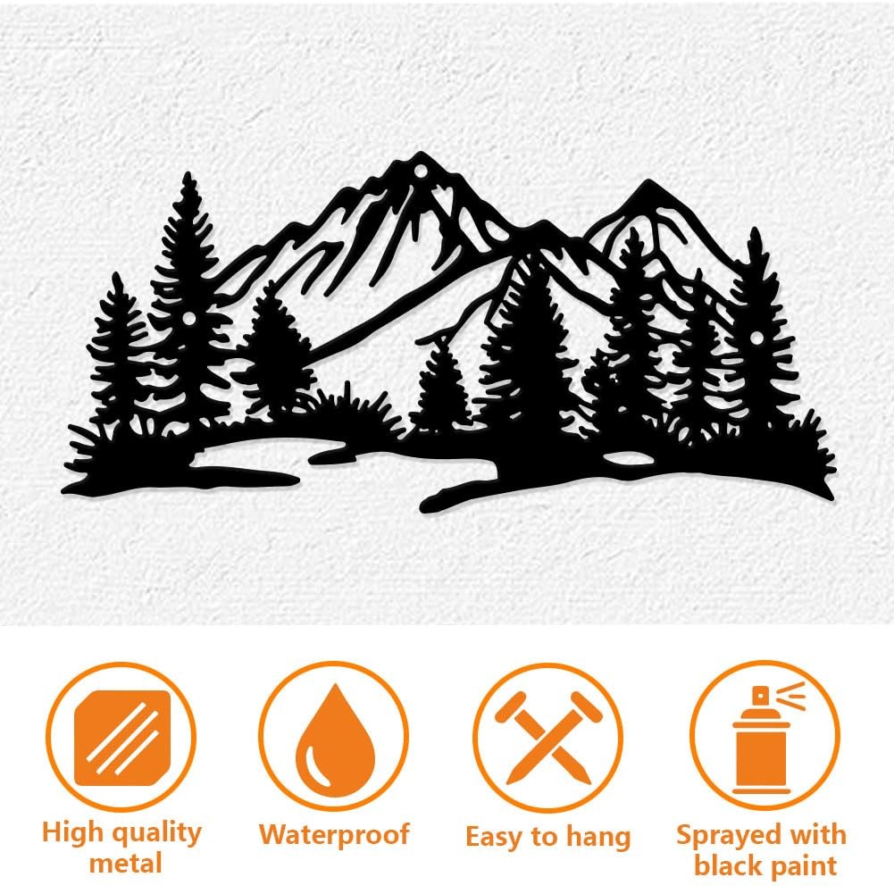 Matte Black Minimalist Mountain Forest Metal Wall Art Hanging Decor