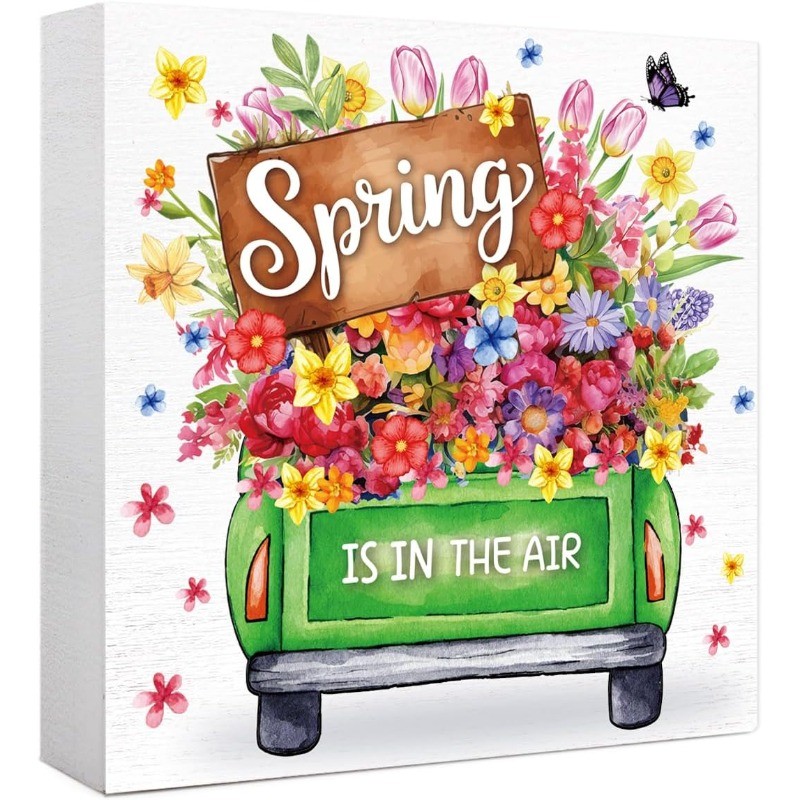 “Spring Is In The Air” Wood Sign, Watercolor Flower Truck Design for Home