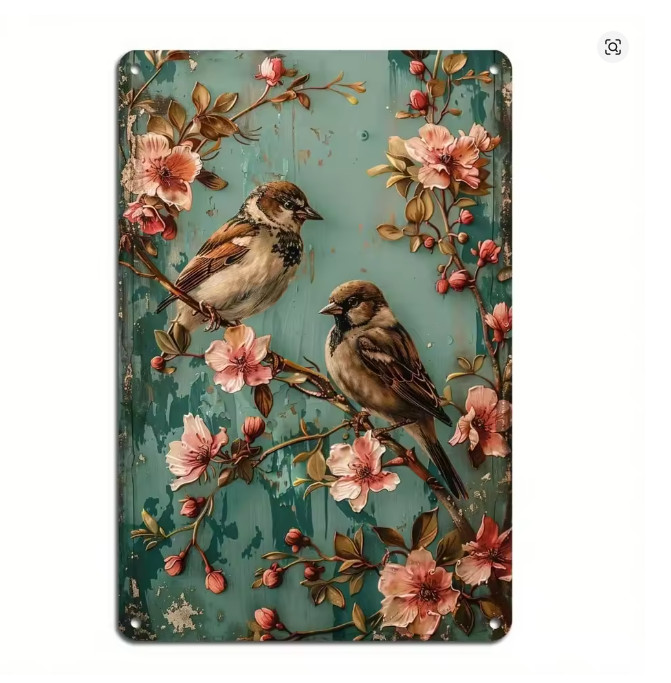 French Country Farmhouse Vintage Birds Cherry Blossom Floral Metal Art Sign 8×12