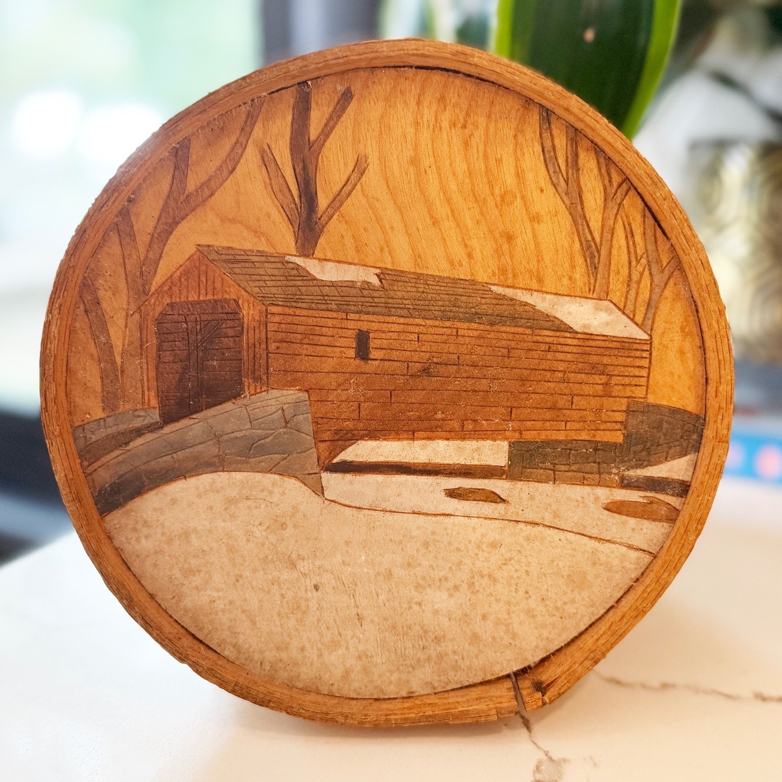 Vintage Wood Marquetry Plaque Covered Bridge Winter Scene Pyrography Folk Art 5″