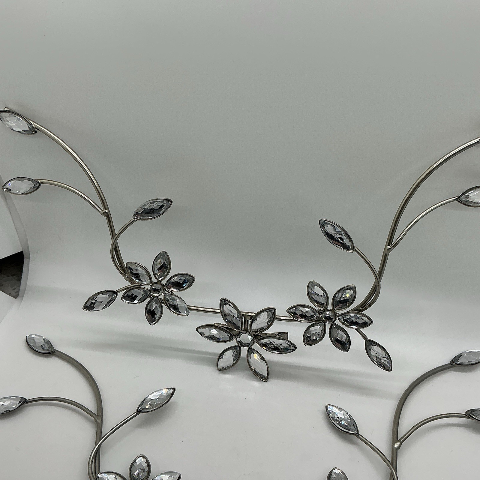 Set Of Metal Floral Wall Decor W/ Silver Gray Finish W/ Crystal Accents Lot Of 3