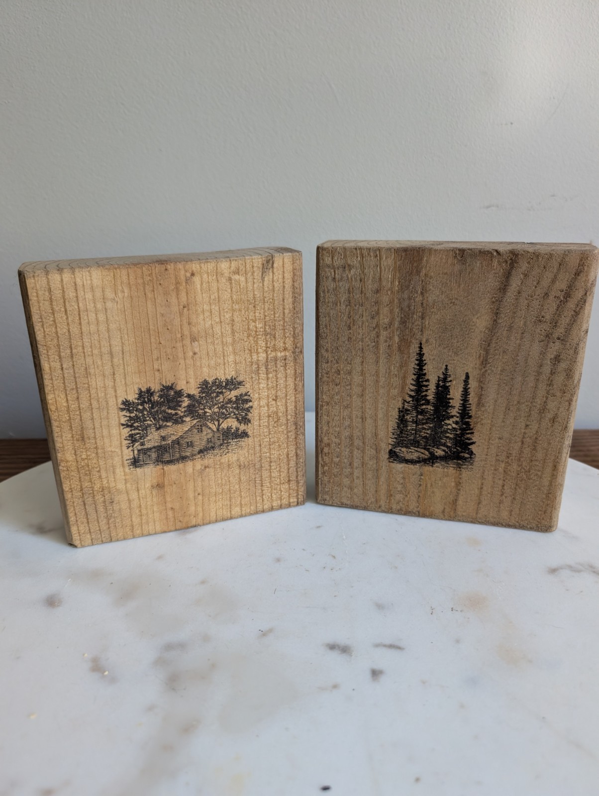 Pair Rustic Wood Block Signs Cabin Pine Tree Hand Stamped Shelf Sitter Decor