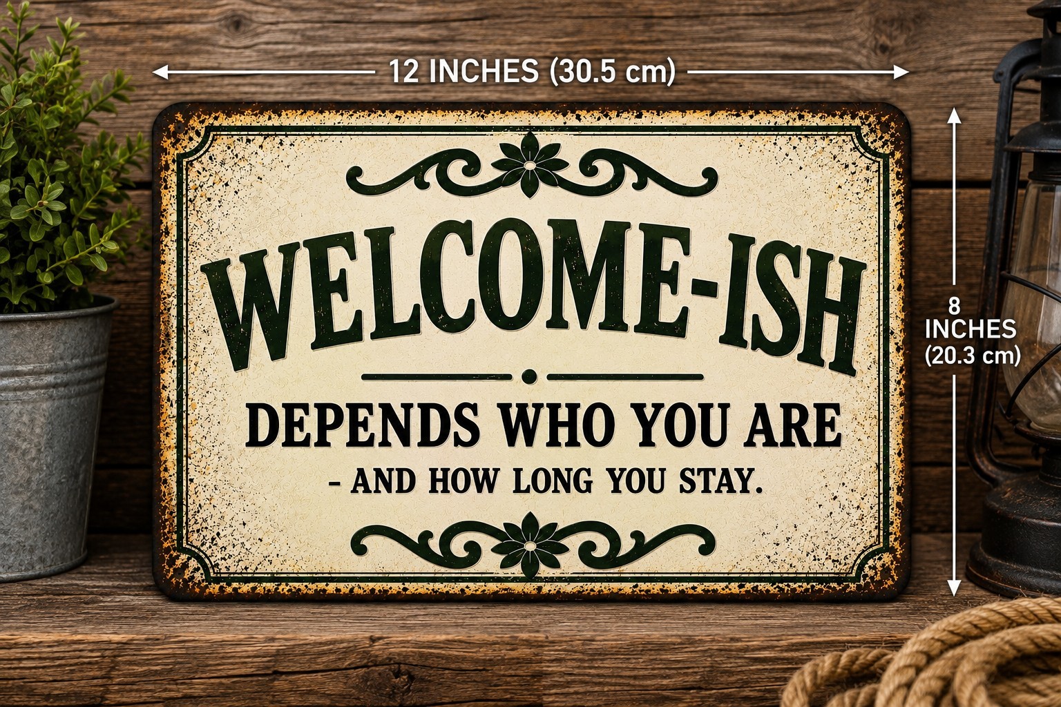 Welcome-ish Funny Porch Sign Rustic Farmhouse Welcome Sign Metal Tin Sign 12×8