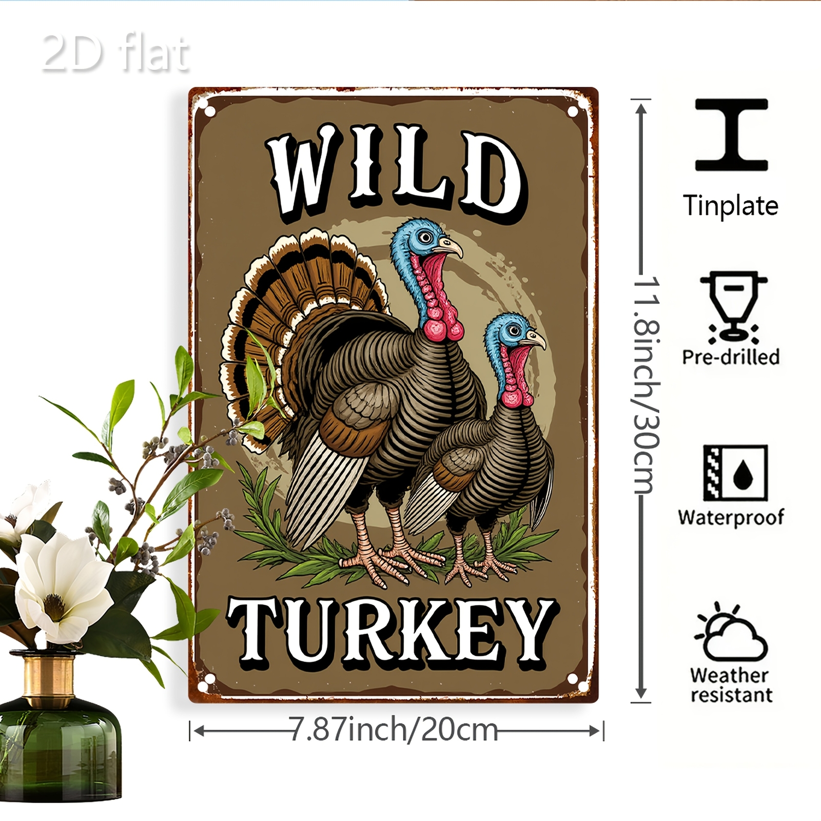 [2D Flat] 1pc Vintage “Wild Turkey” Tin Metal Signs – Rustic 2D Flat Room 8×12
