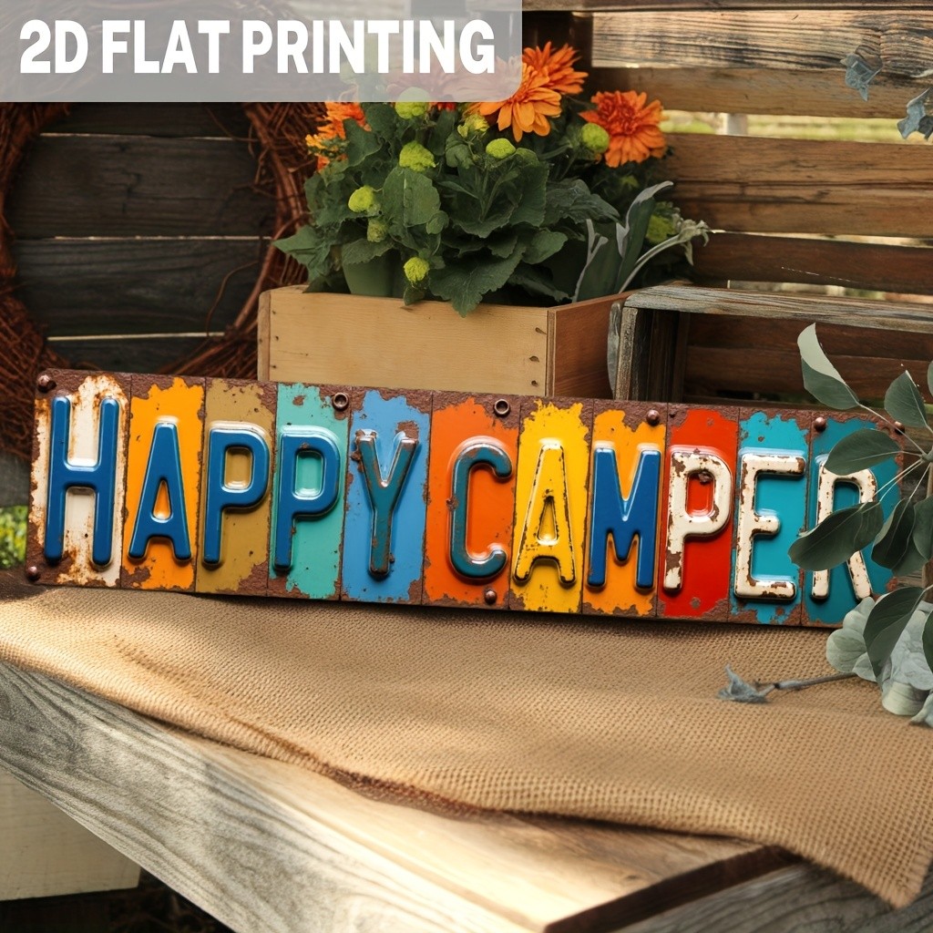 Multicolor Rust Happy Camper Metal Sign Vintage License Plate Style Decor Plaque
