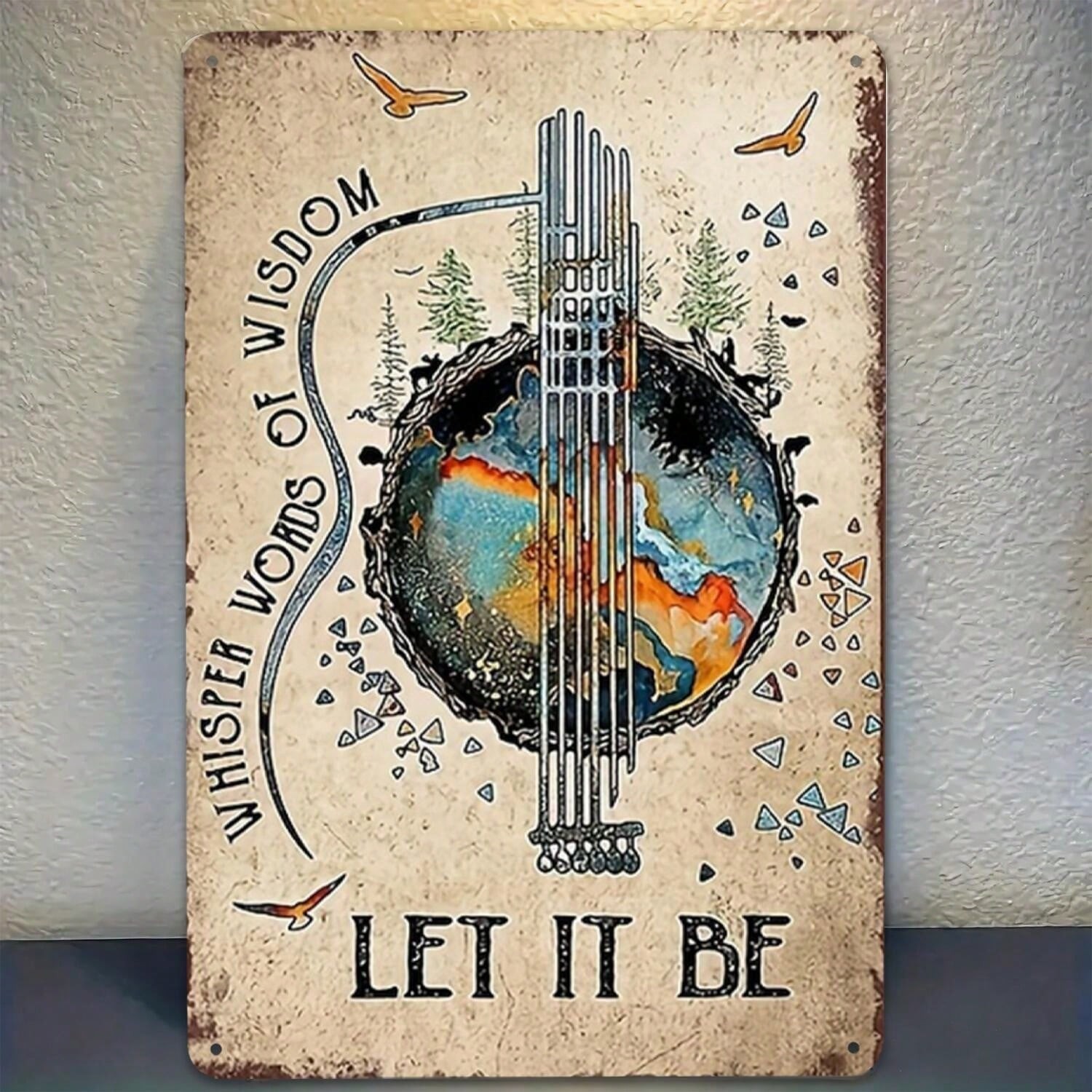 Whisper Words of Wisdom Metal Tin Sign – Vintage Let It Be Guitar Abstract Decor
